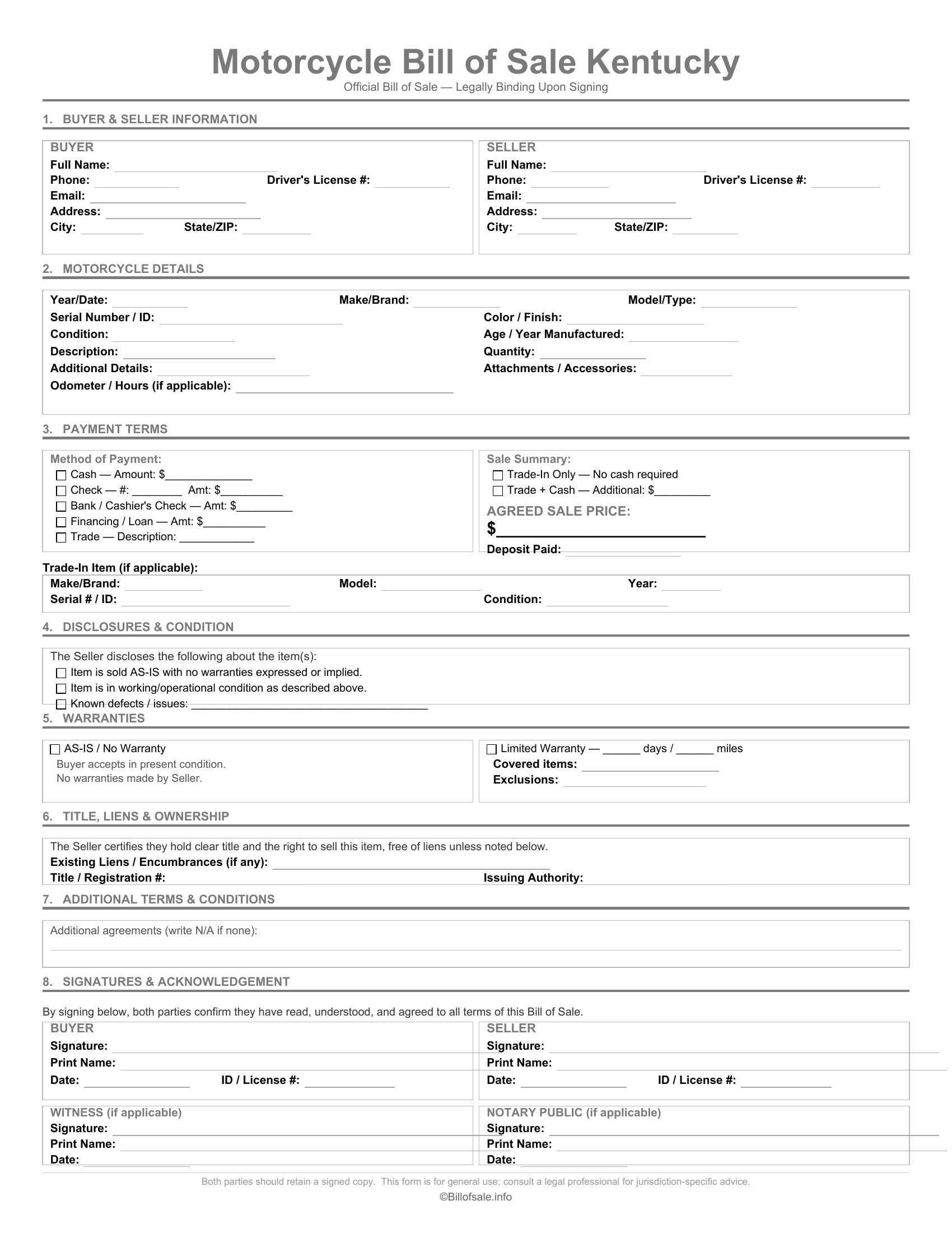 Kentucky Motorcycle Bill of Sale