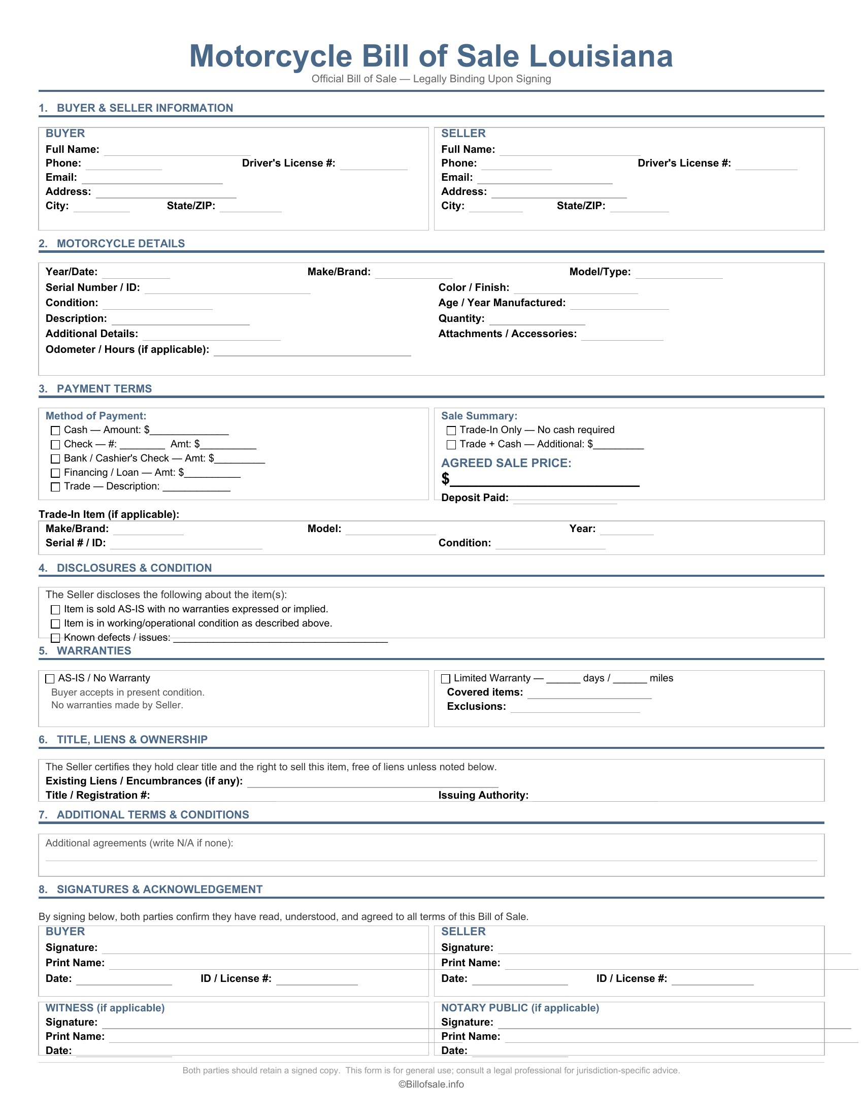 Louisiana Motorcycle Bill of Sale