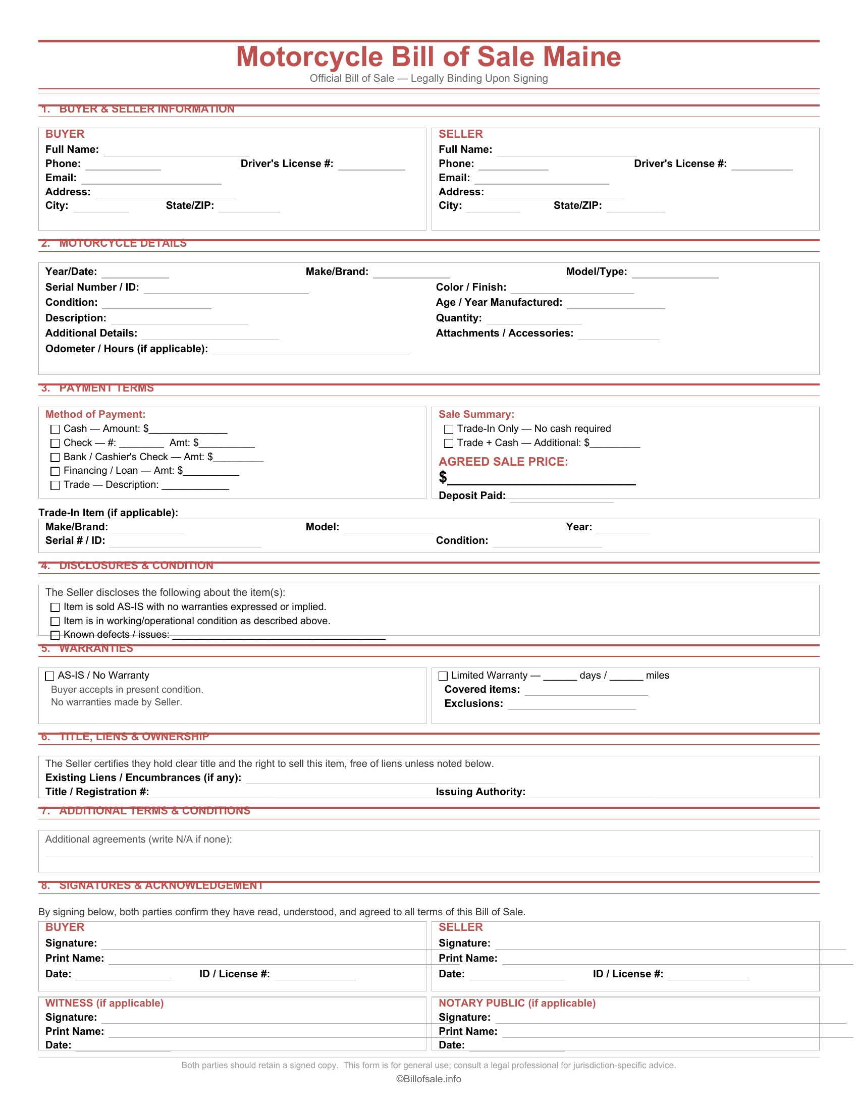 Maine Motorcycle Bill of Sale