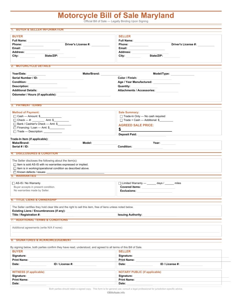 Maryland Motorcycle Bill of Sale Form Template [PDF, WORD]