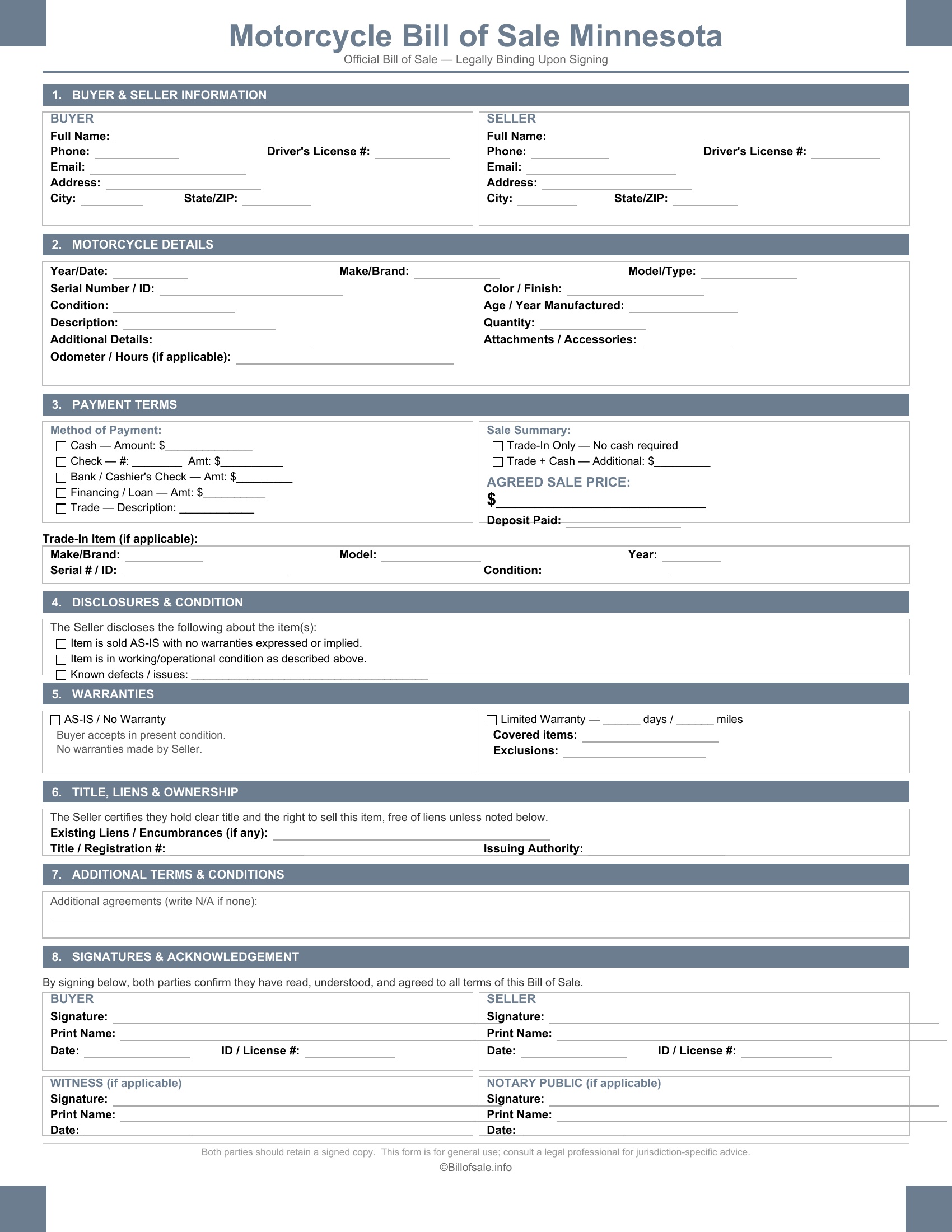 Minnesota Motorcycle Bill of Sale