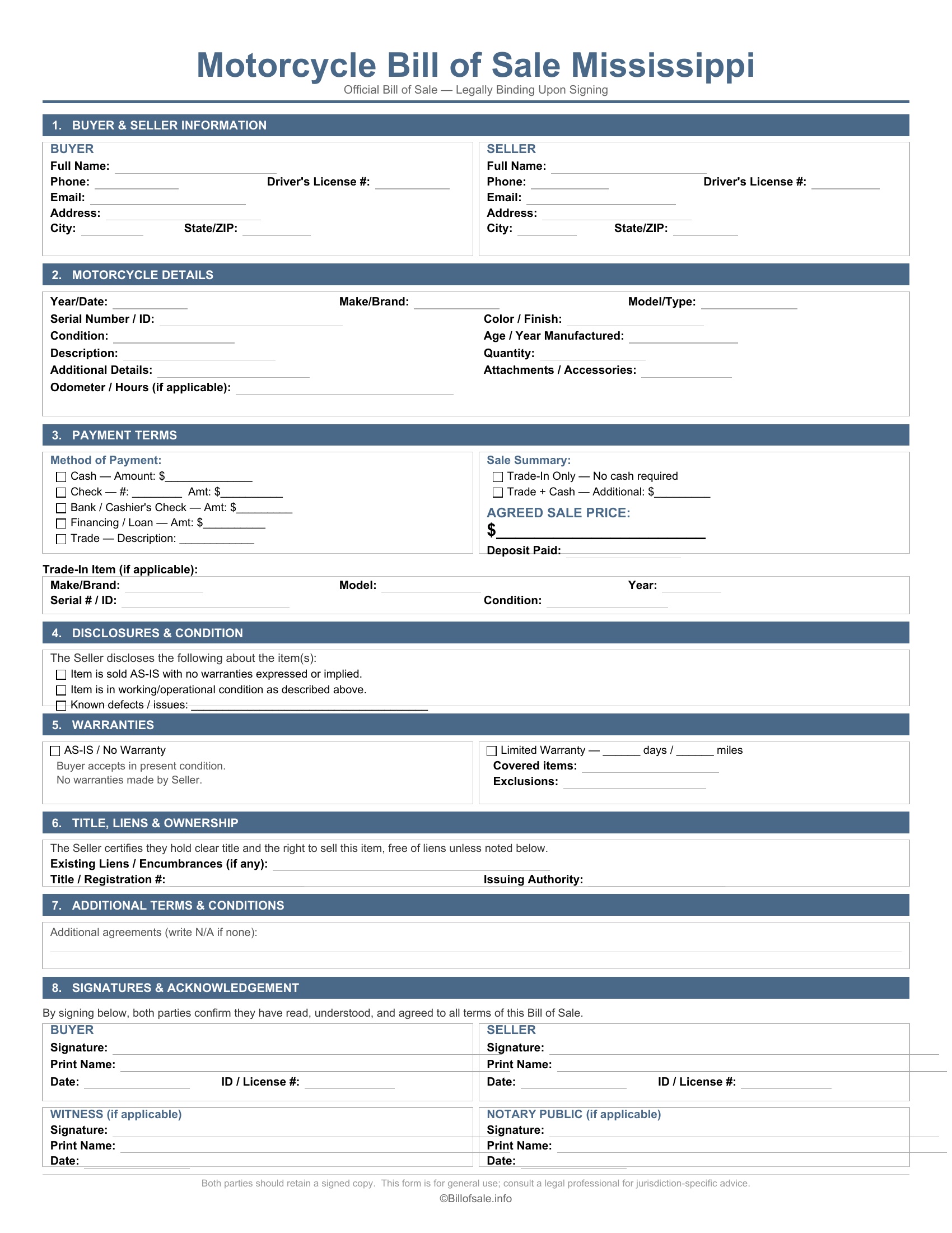 Mississippi Motorcycle Bill of Sale