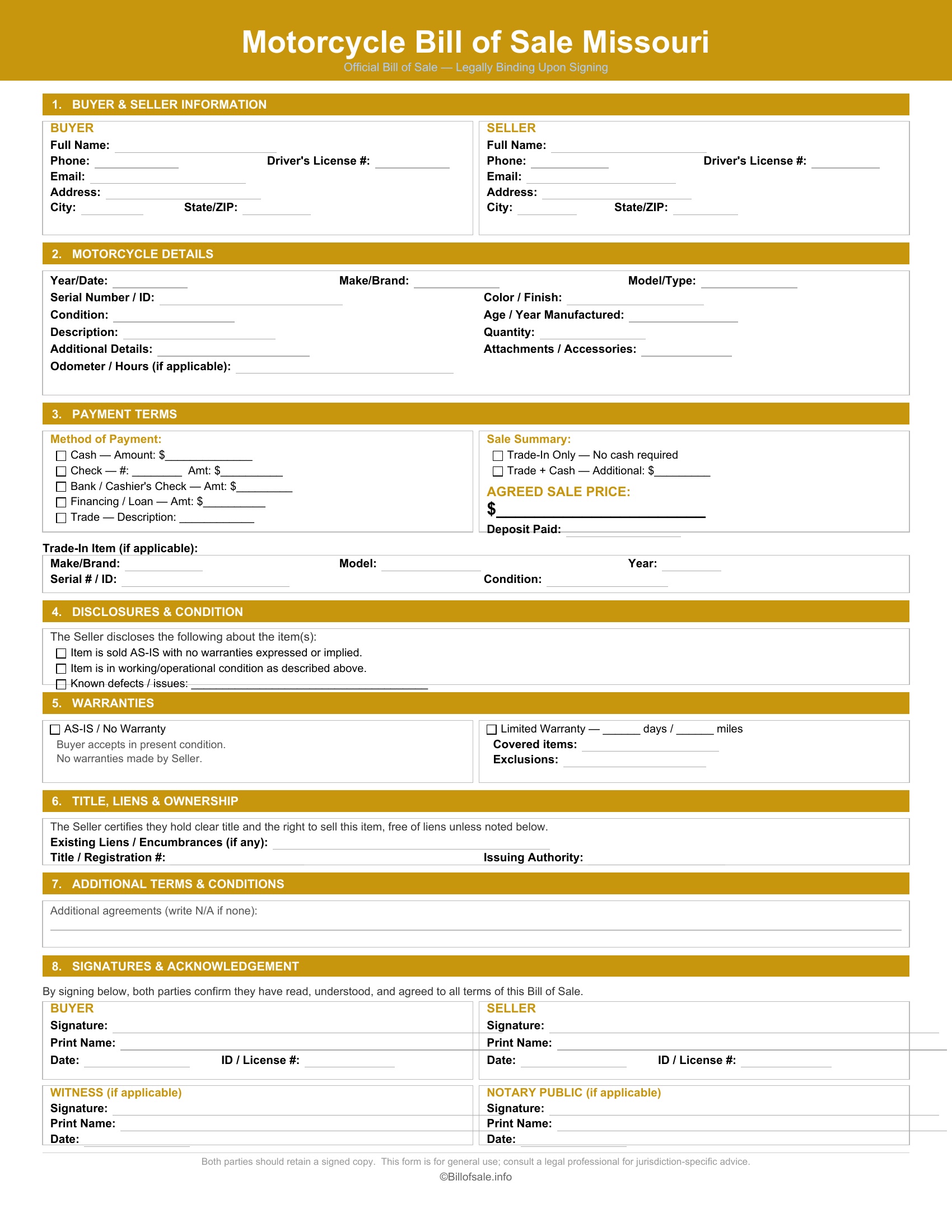 Missouri Motorcycle Bill of Sale