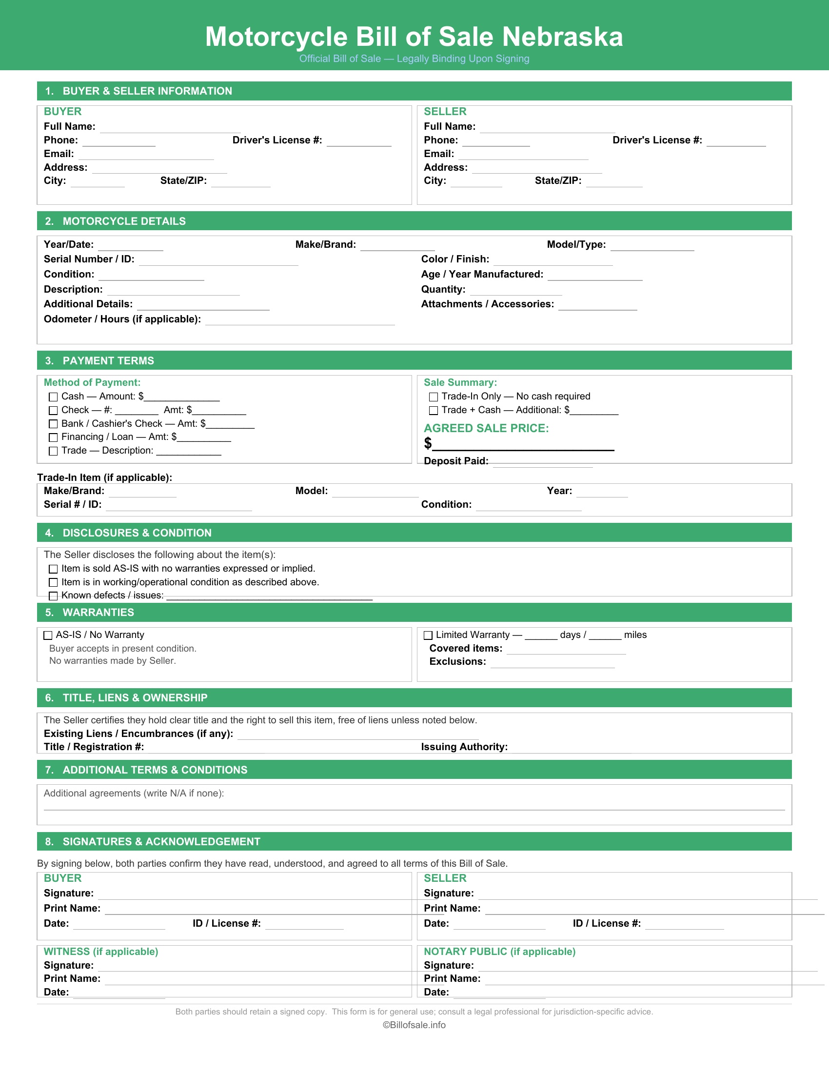 Nebraska Motorcycle Bill of Sale