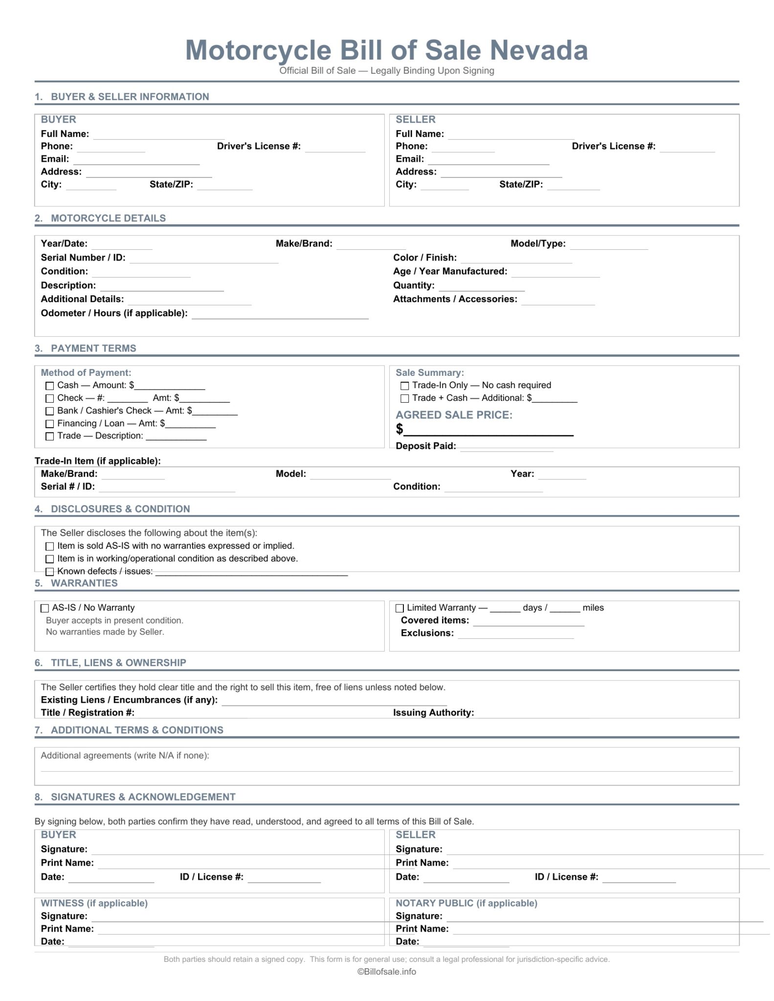 Nevada Motorcycle Bill of Sale Form Template [PDF, WORD]