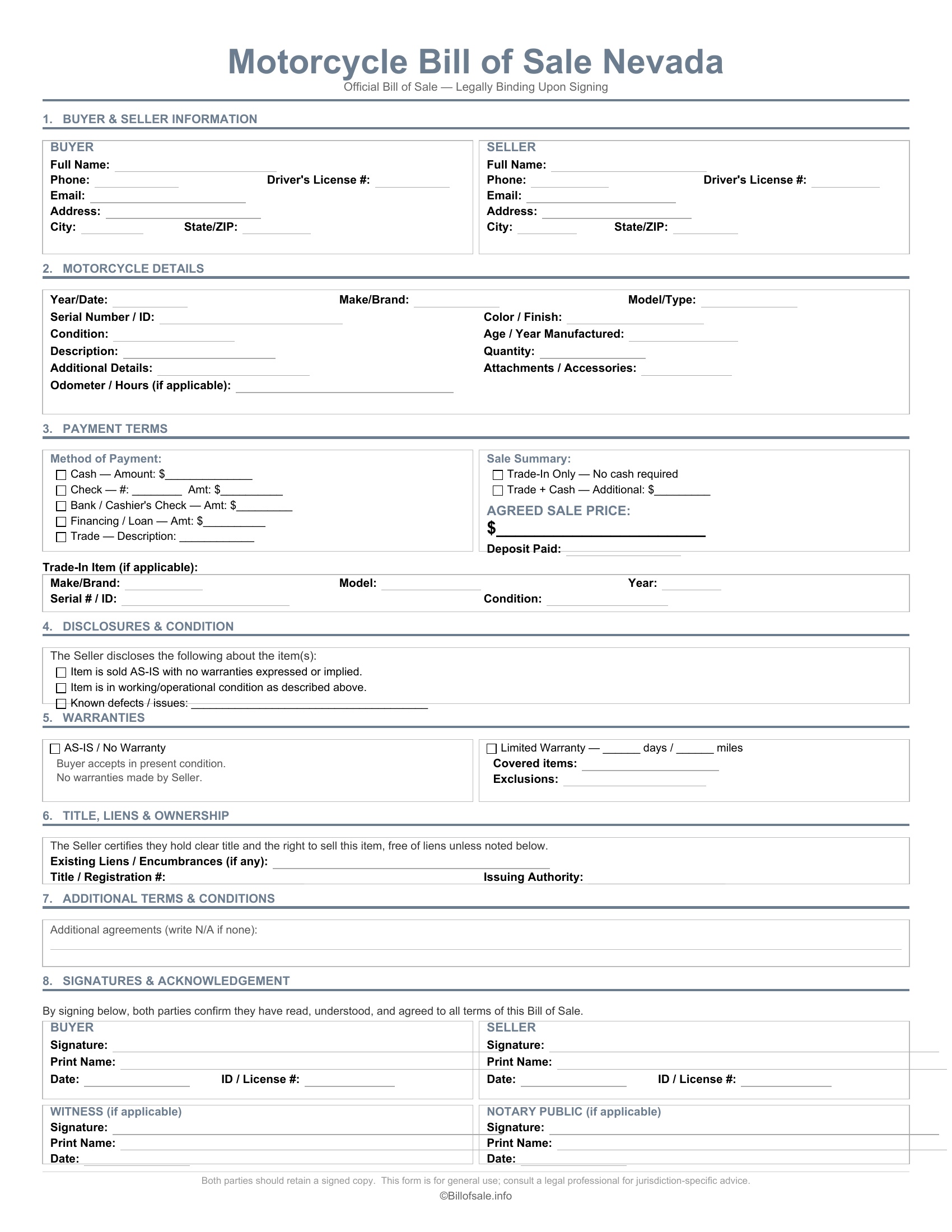 Nevada Motorcycle Bill of Sale