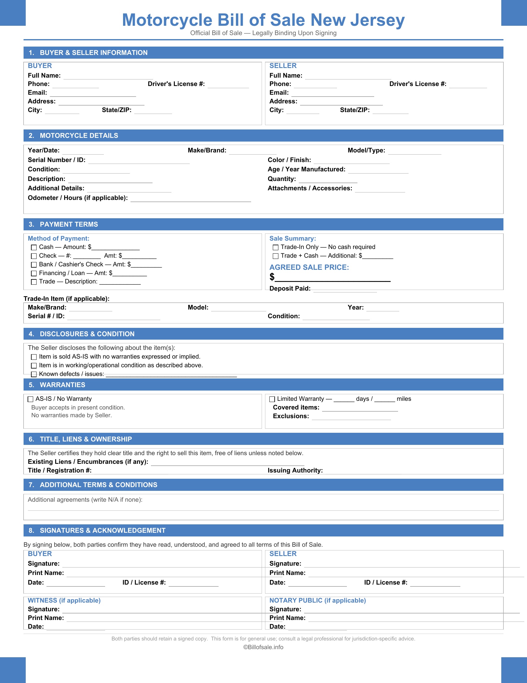 New Jersey Motorcycle Bill of Sale