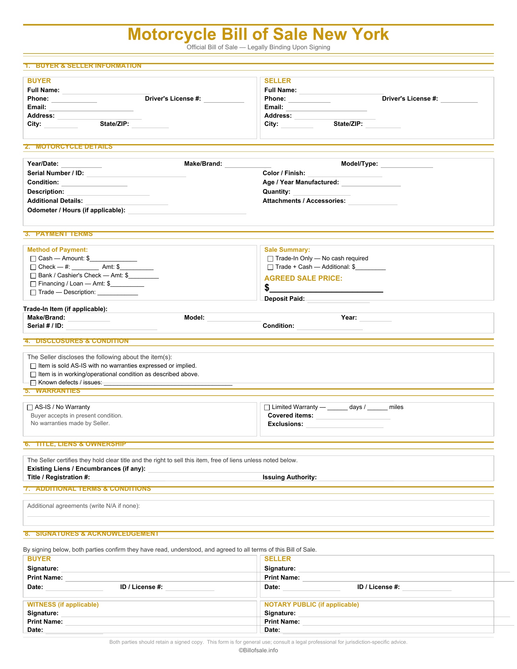 New York Motorcycle Bill of Sale