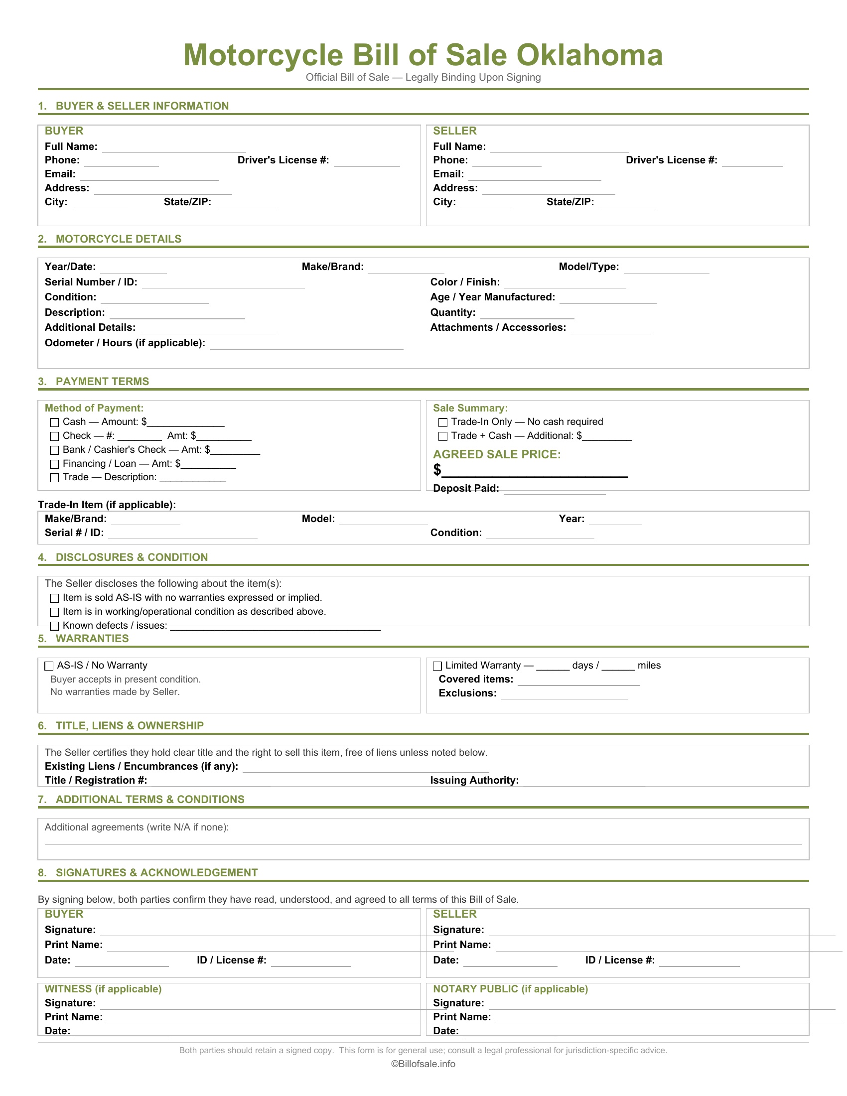 Oklahoma Motorcycle Bill of Sale