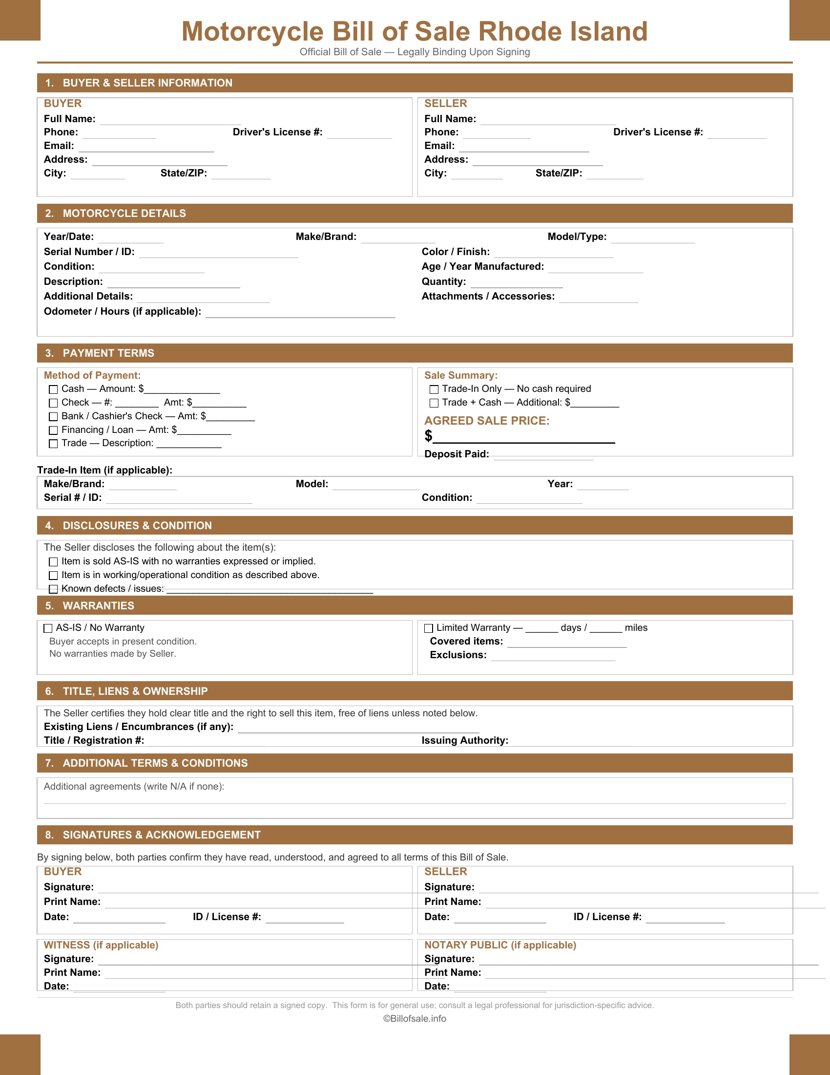Rhode Island Motorcycle Bill of Sale