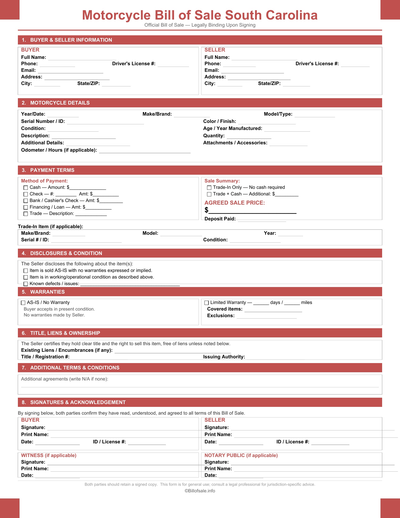 South Carolina Motorcycle Bill of Sale