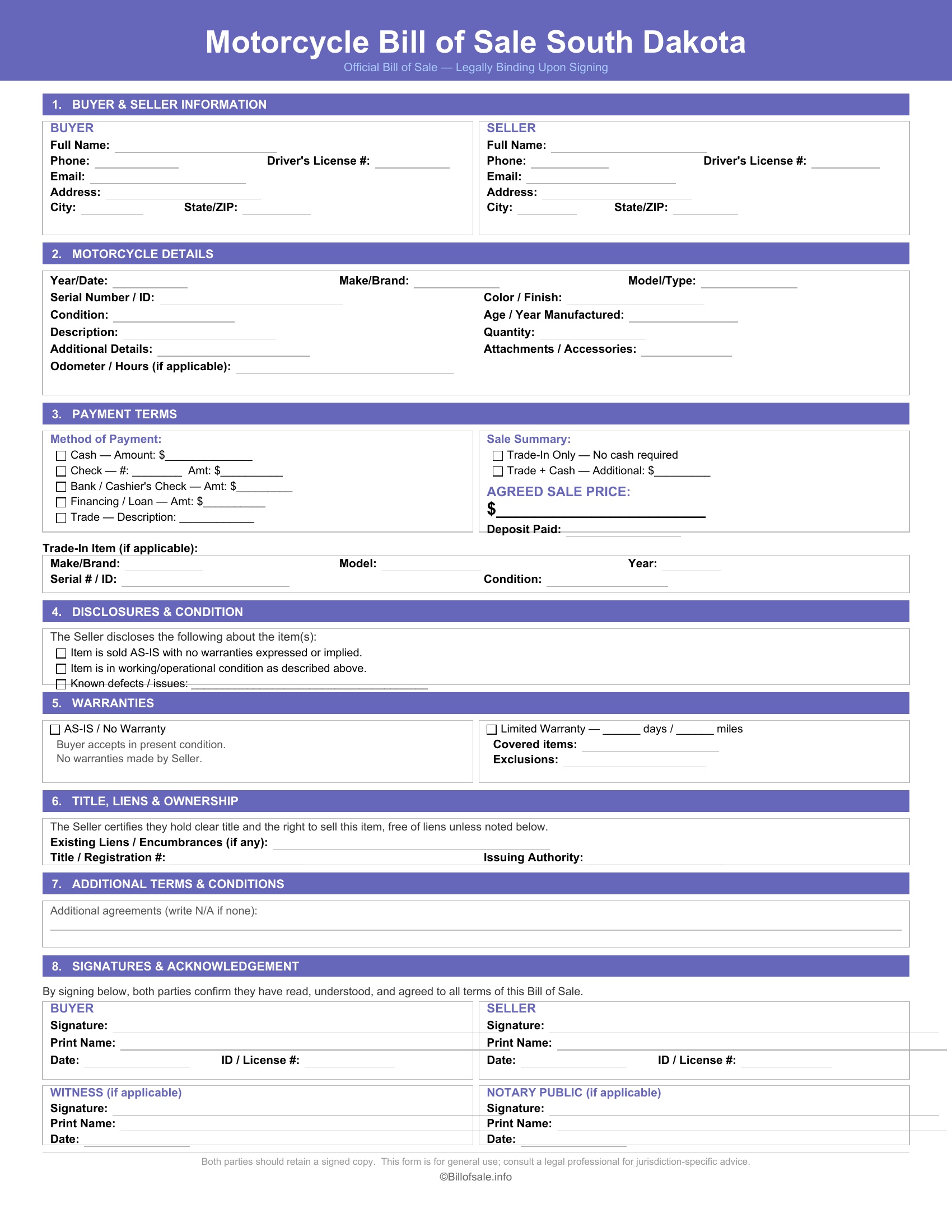 South Dakota Motorcycle Bill of Sale