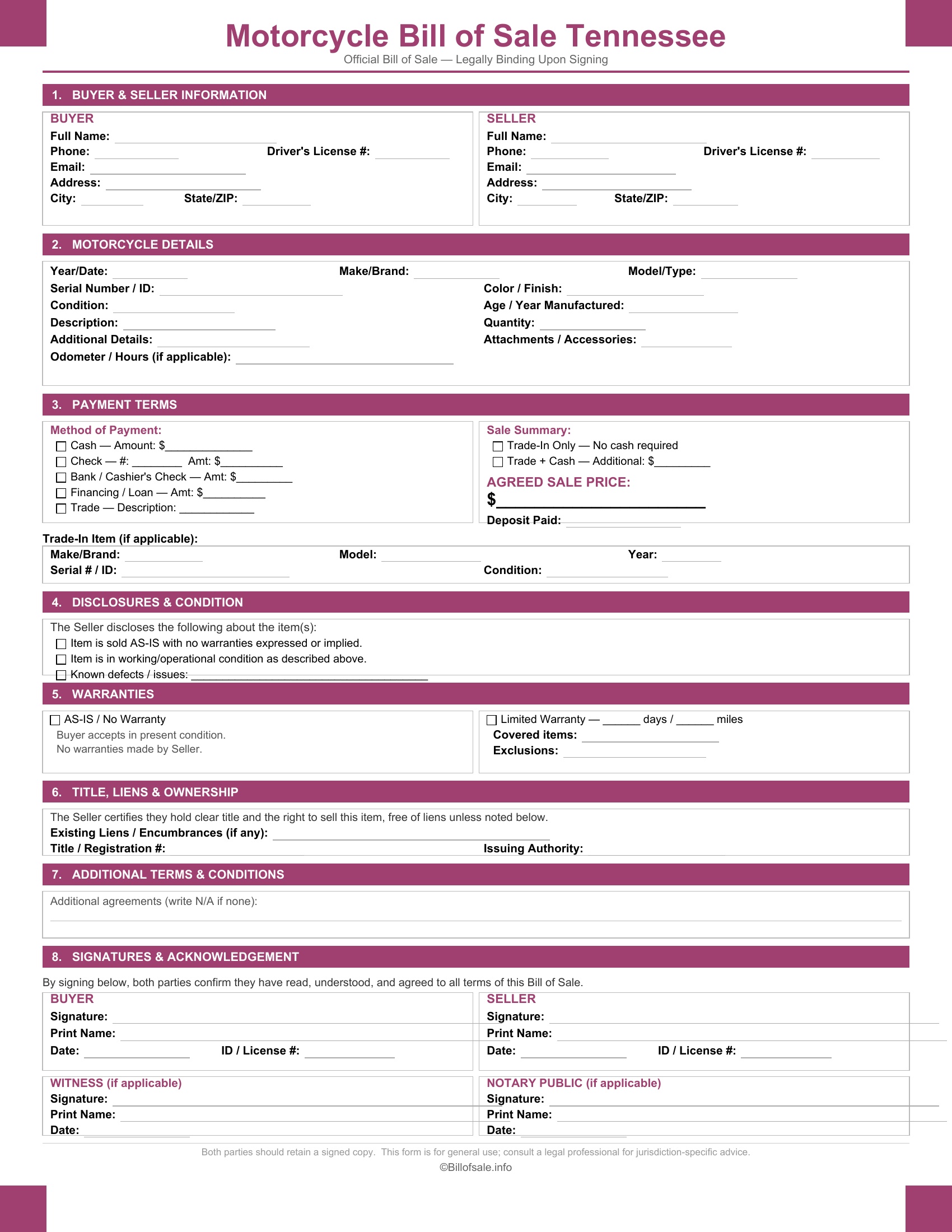 Tennessee Motorcycle Bill of Sale