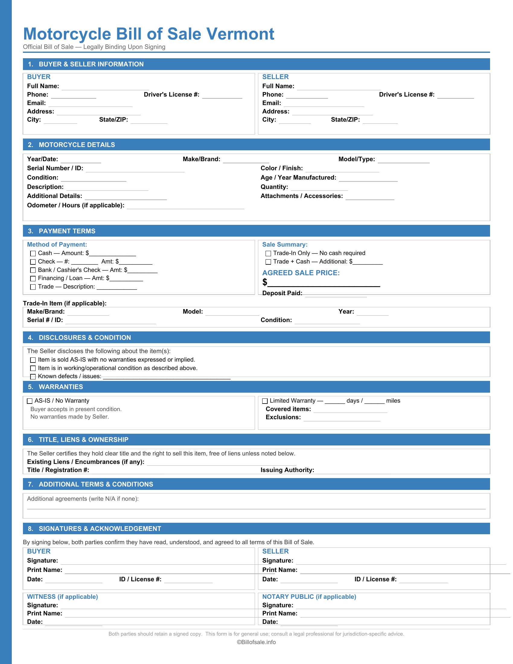 Vermont Motorcycle Bill of Sale