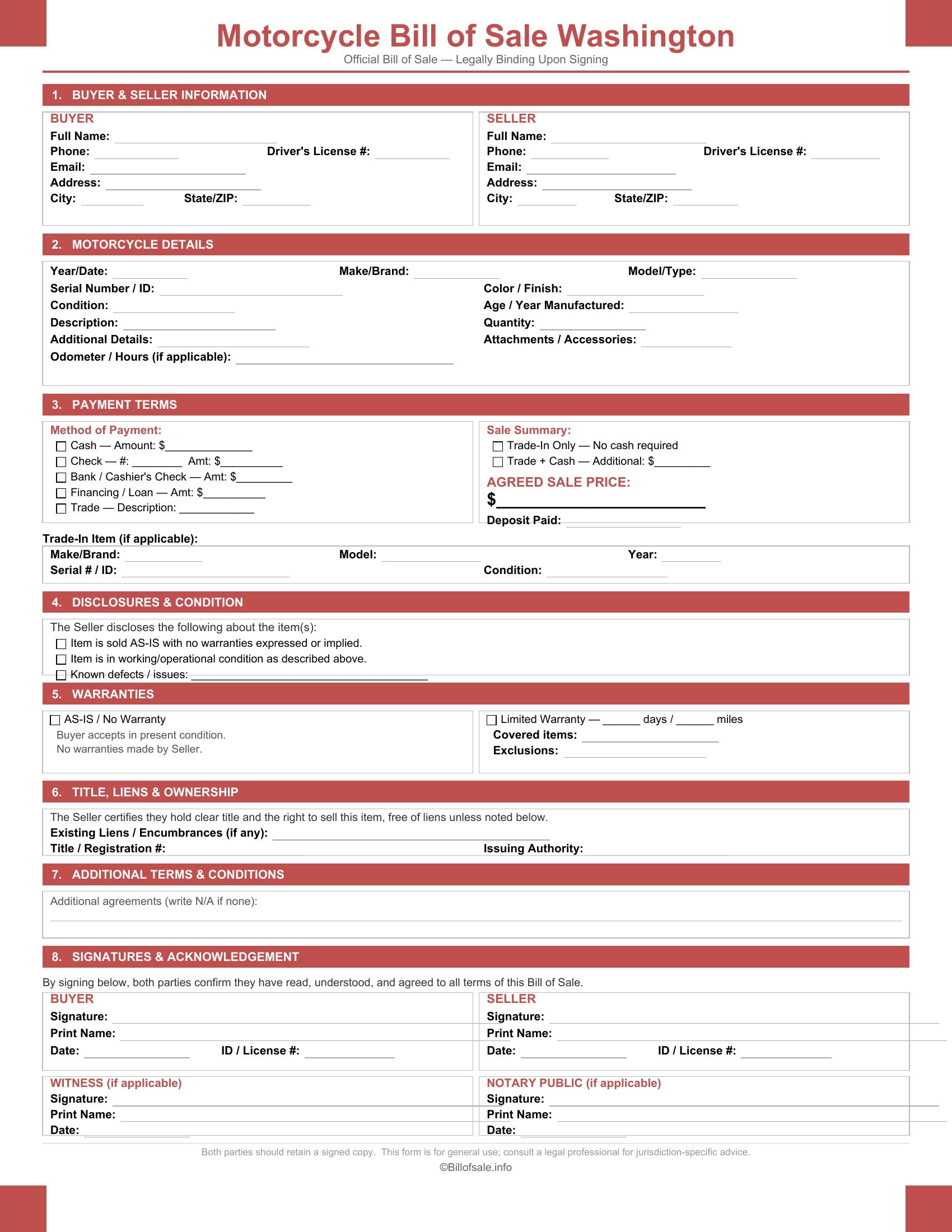 Washington Motorcycle Bill of Sale