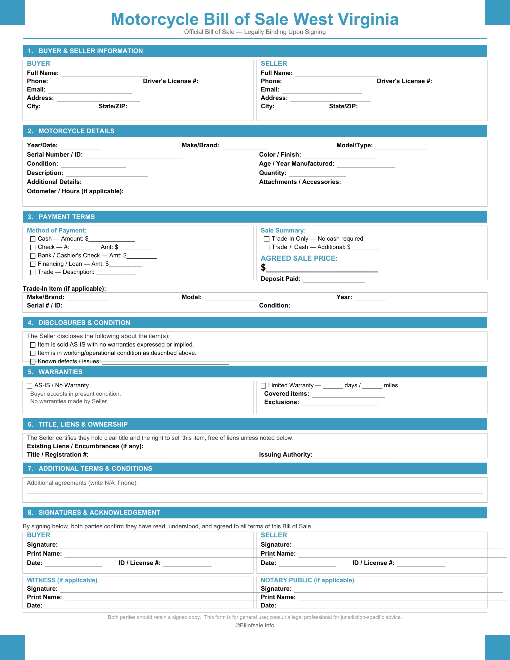 West Virginia Motorcycle Bill of Sale