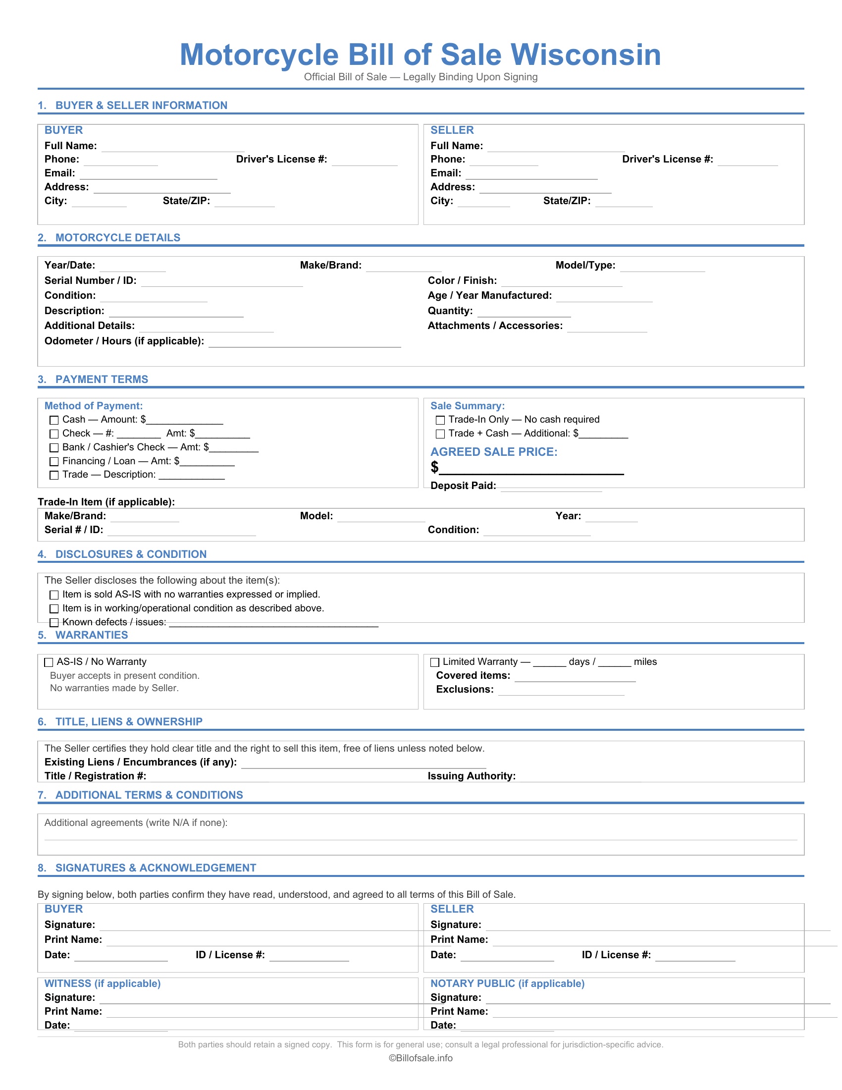 Wisconsin Motorcycle Bill of Sale