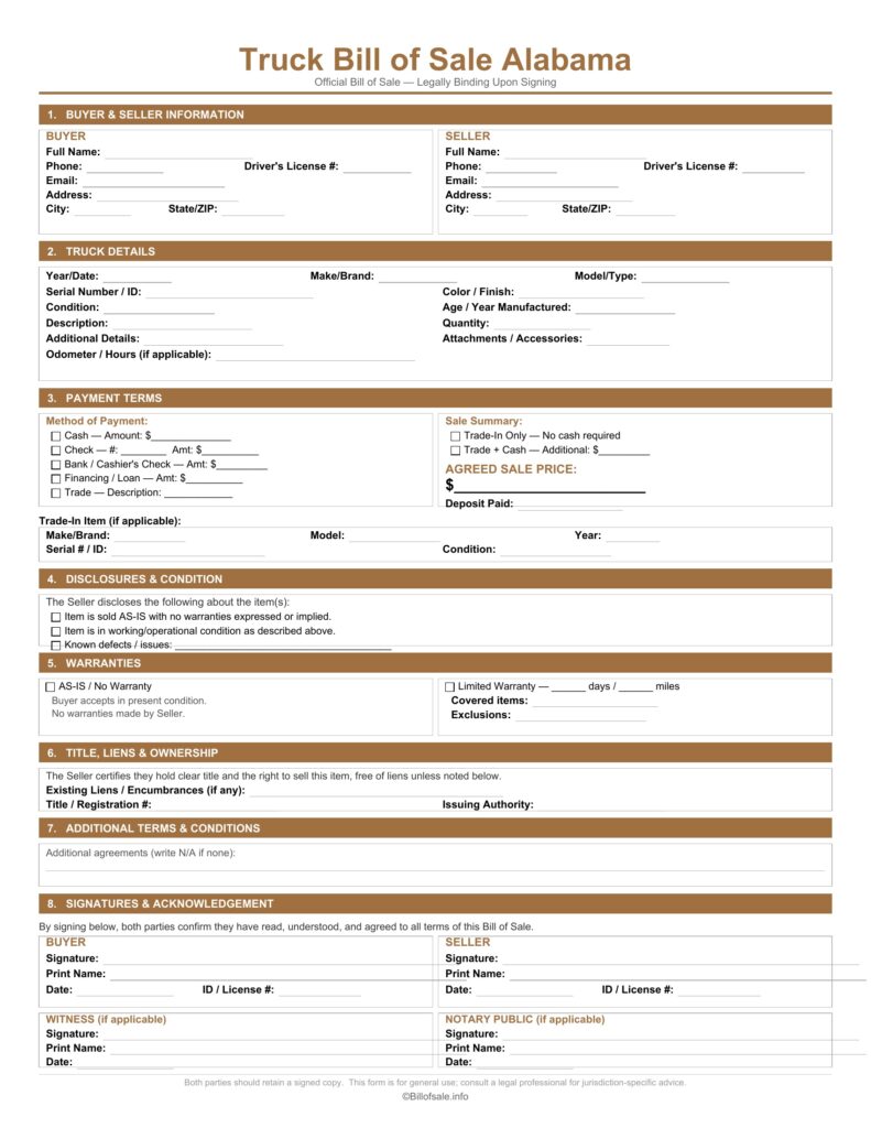 Alabama Truck Bill of Sale
