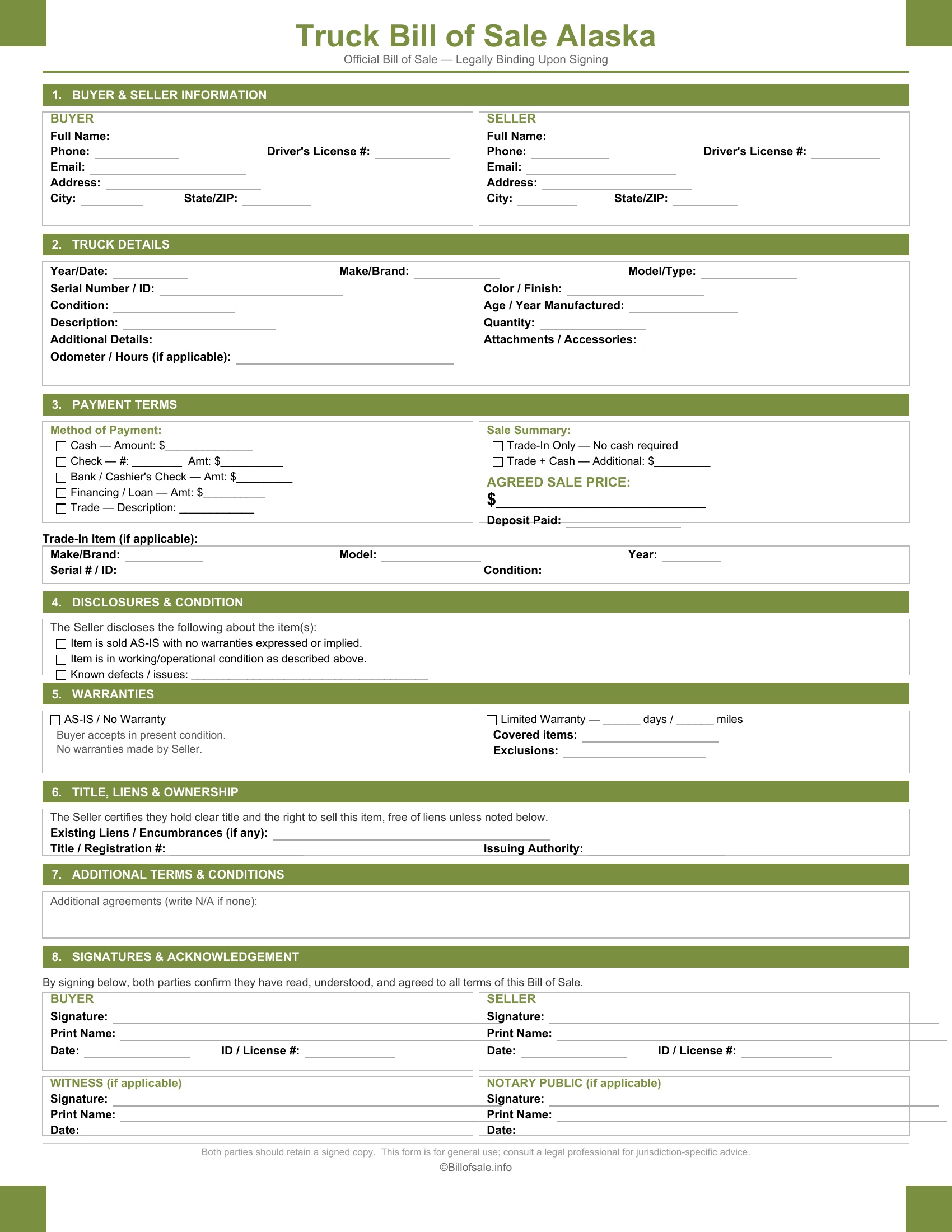 Alaska Truck Bill of Sale