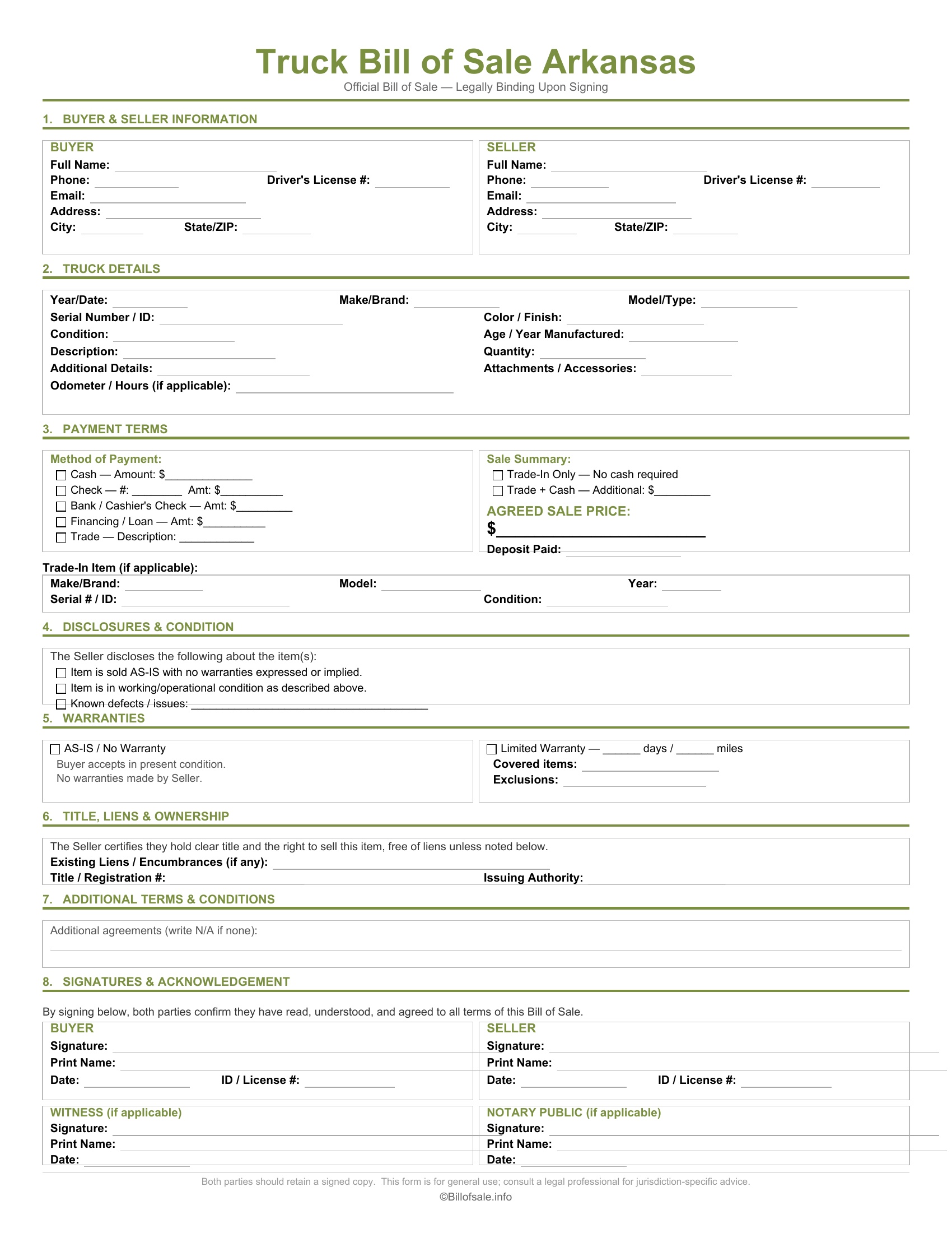 Arkansas Truck Bill of Sale