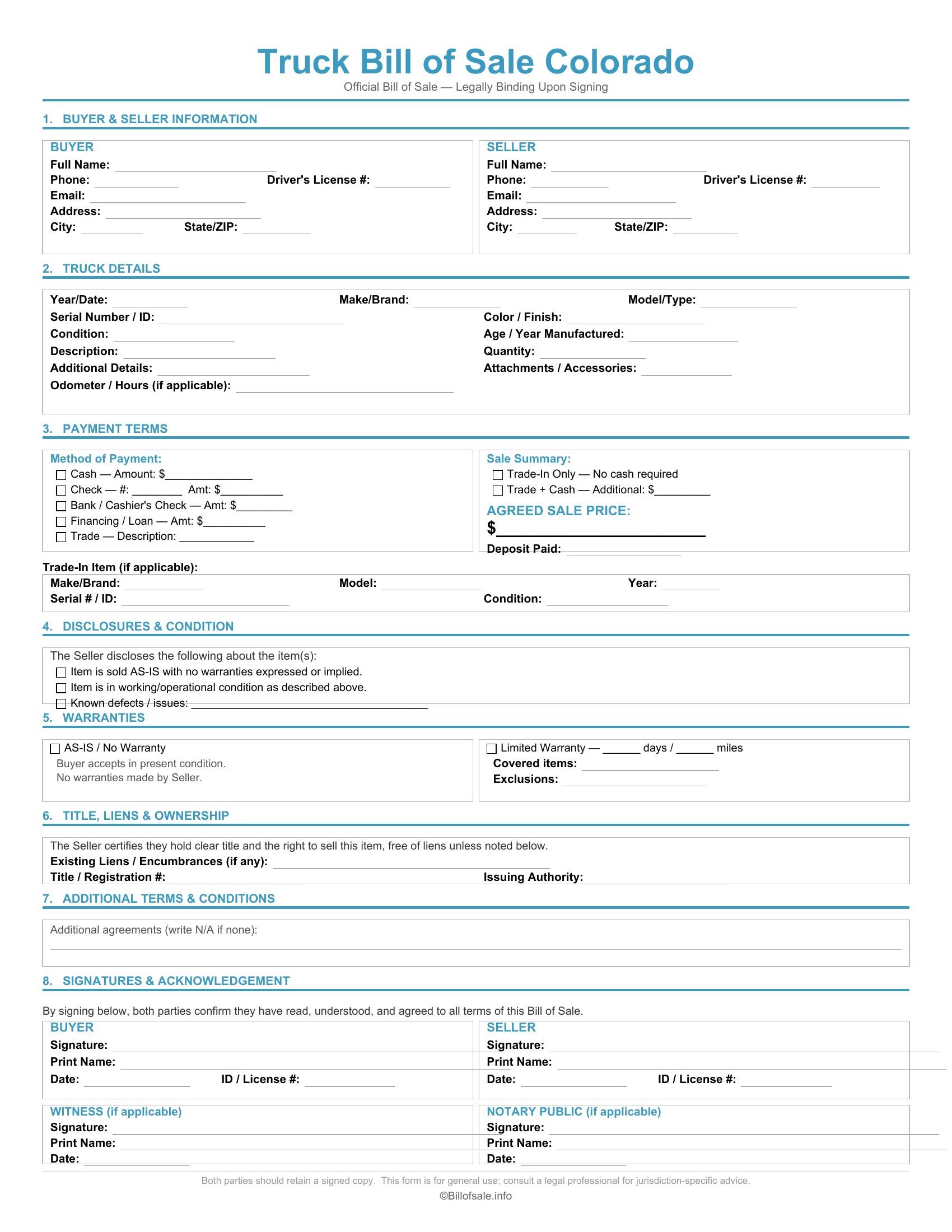 Colorado Truck Bill of Sale