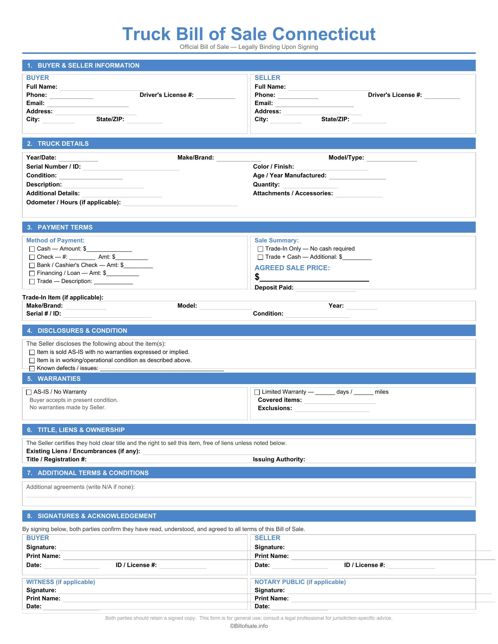 Connecticut Truck Bill of Sale