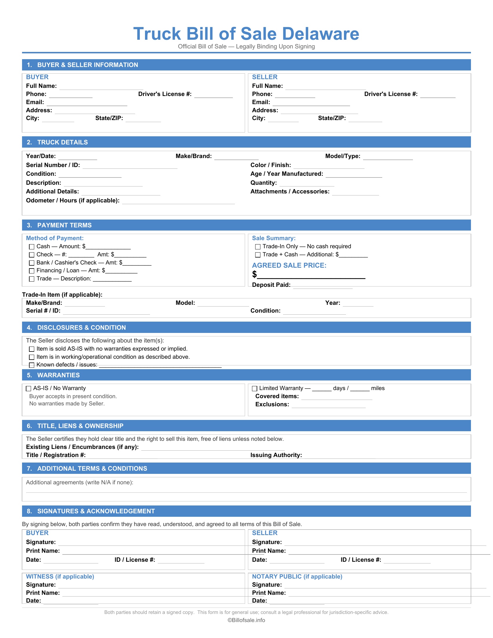 Delaware Truck Bill of Sale
