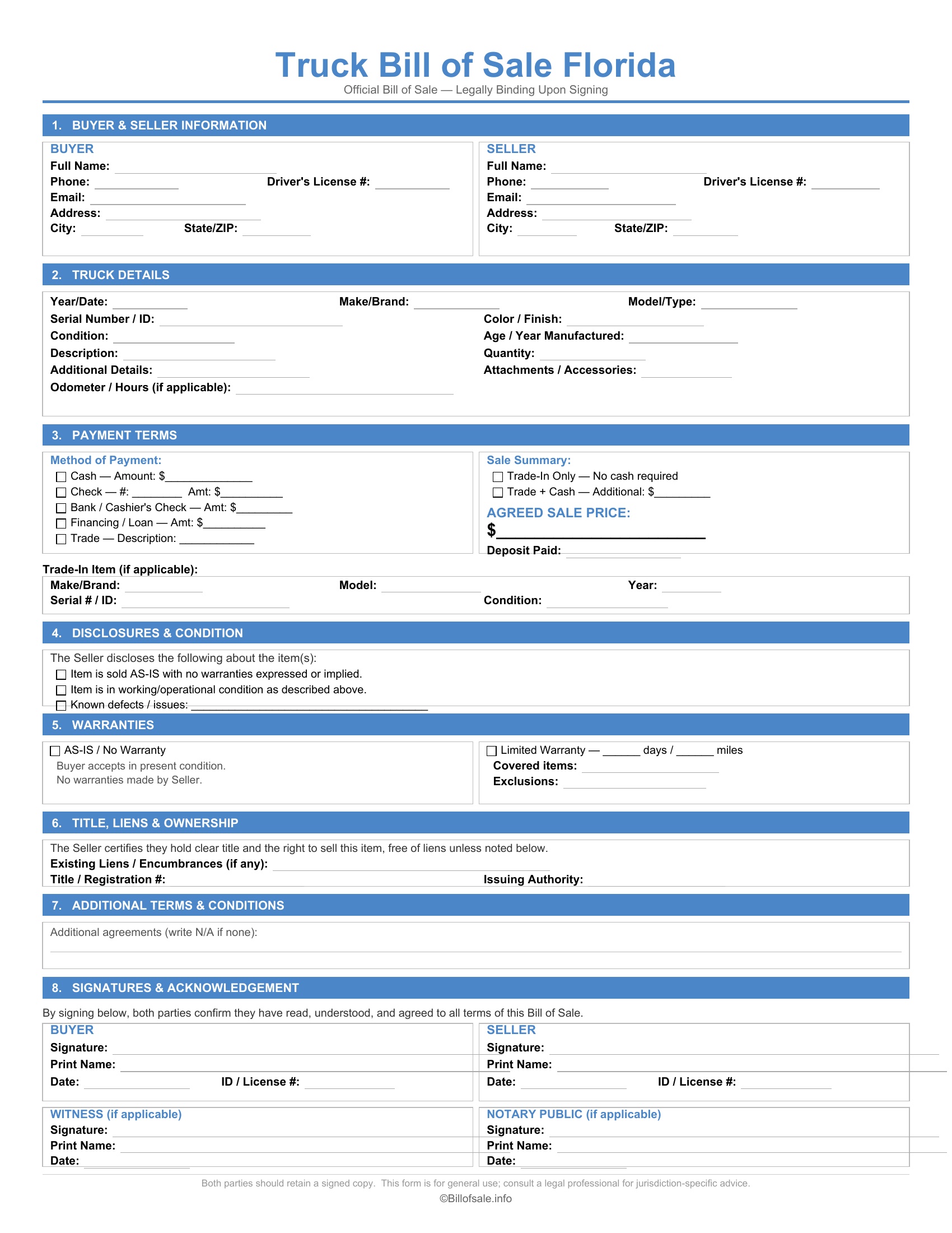 Florida Truck Bill of Sale