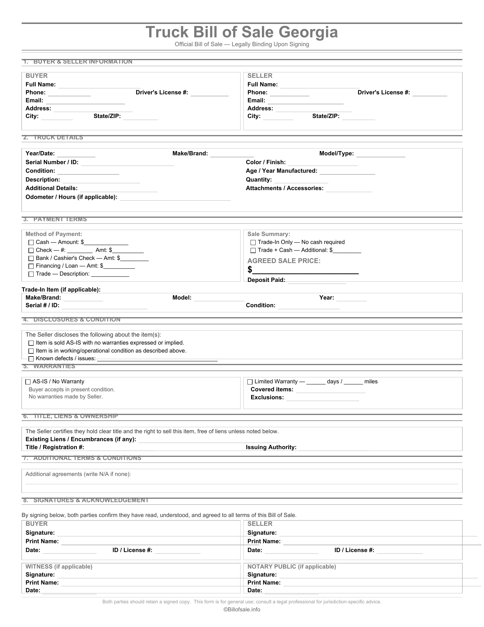 Georgia Truck Bill of Sale