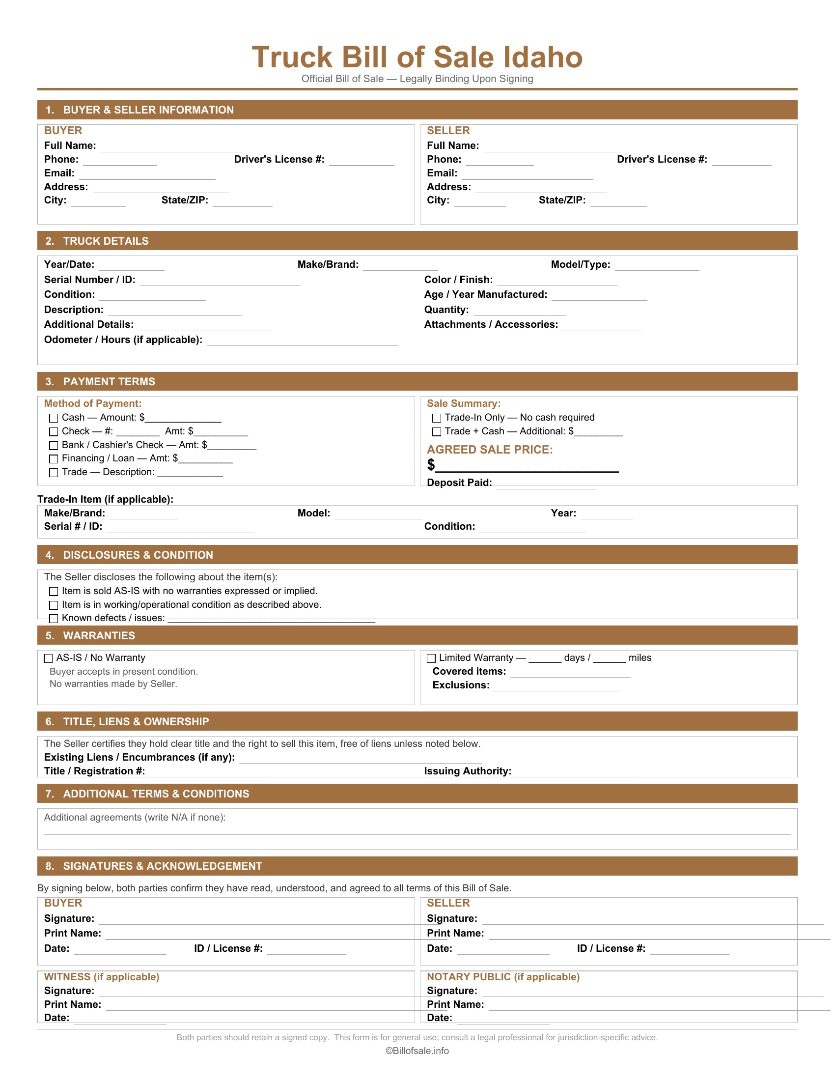 Idaho Truck Bill of Sale