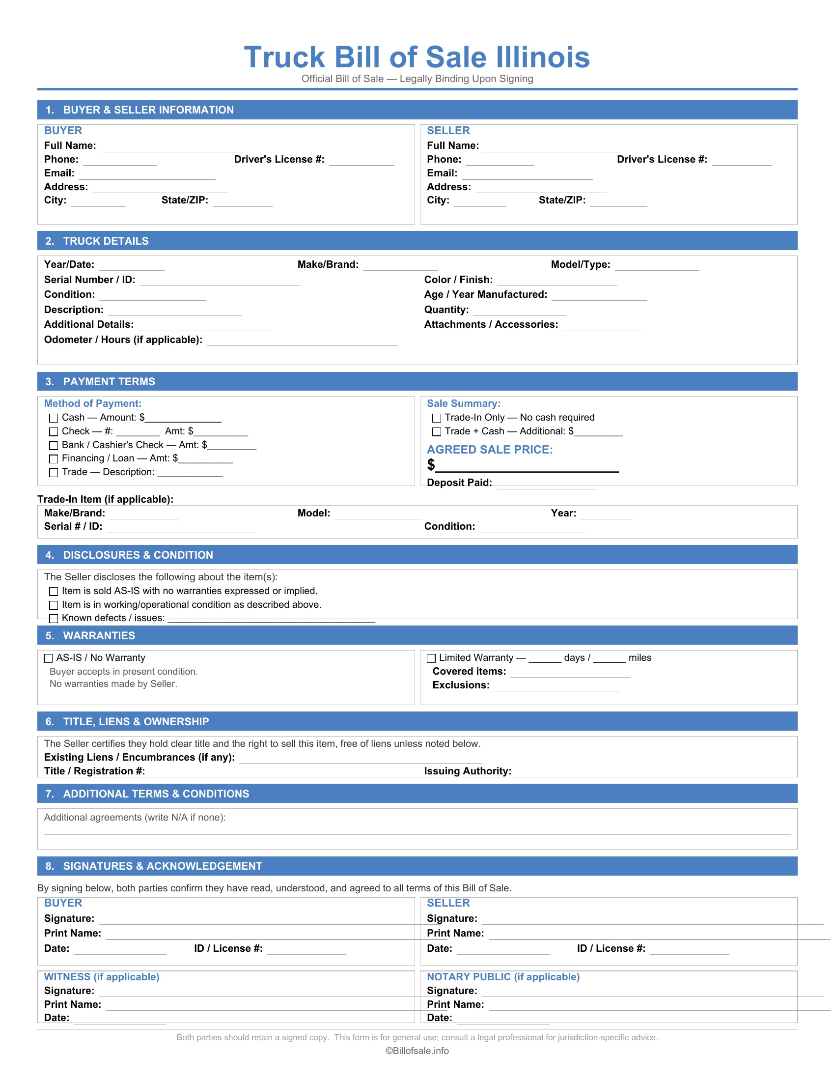 Illinois Truck Bill of Sale