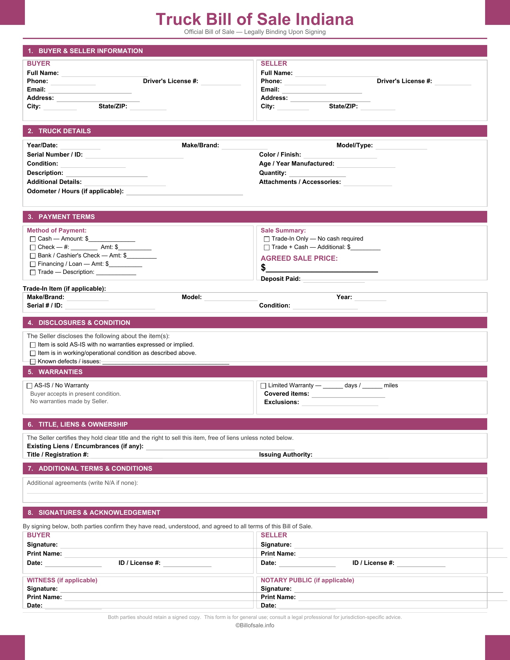 Indiana Truck Bill of Sale
