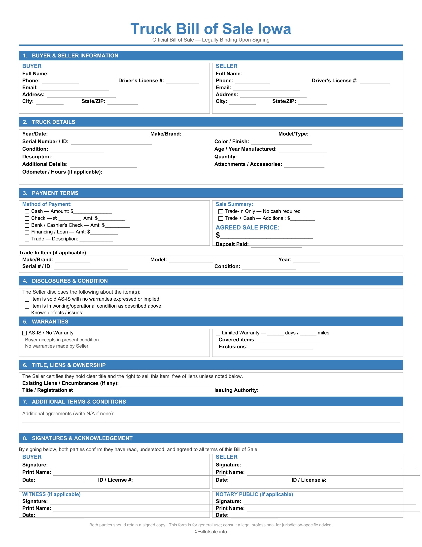 Iowa Truck Bill of Sale