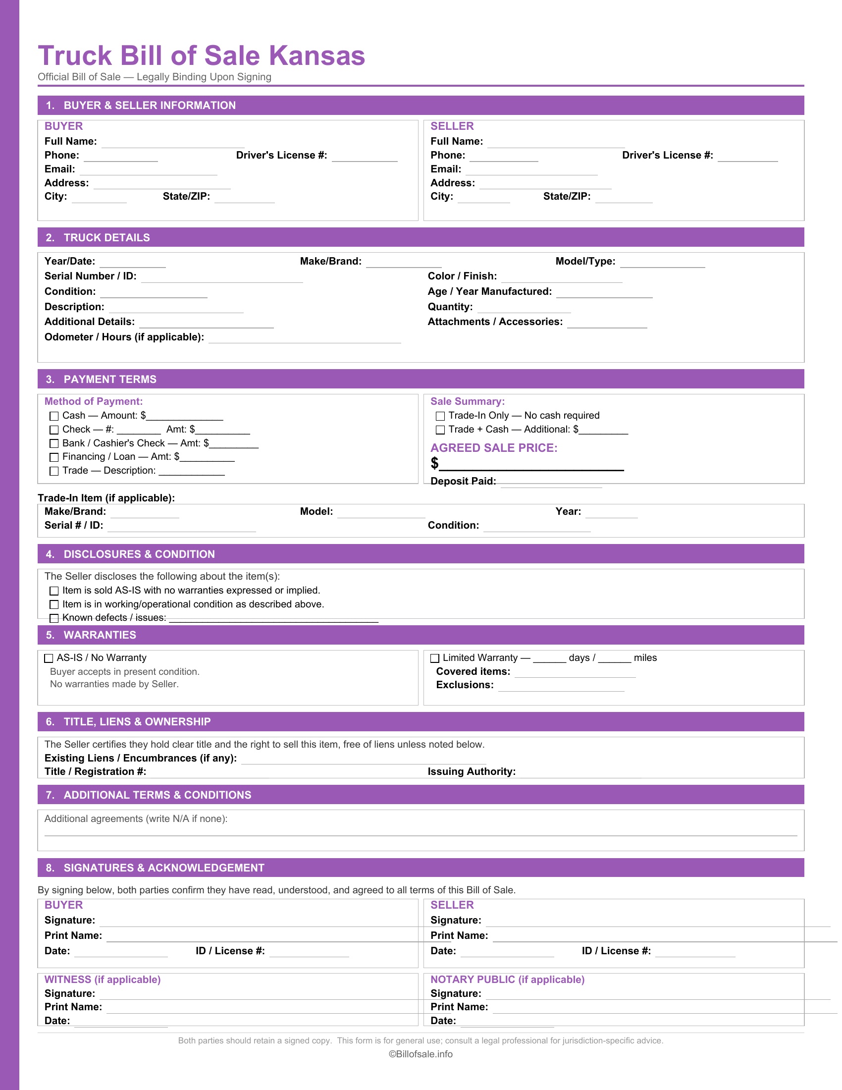 Kansas Truck Bill of Sale