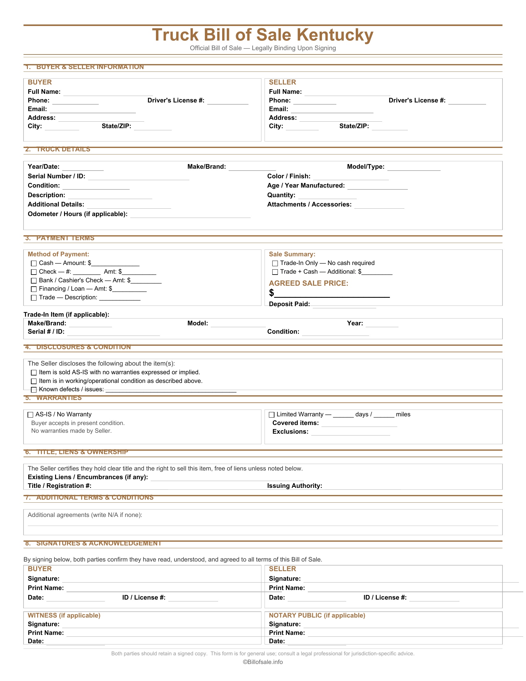 Kentucky Truck Bill of Sale