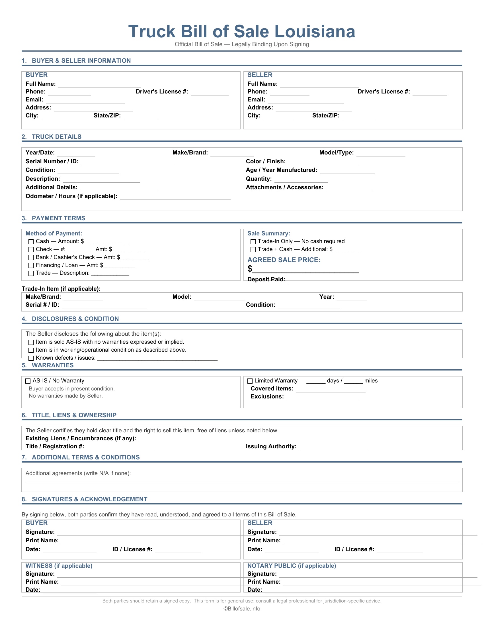 Louisiana Truck Bill of Sale