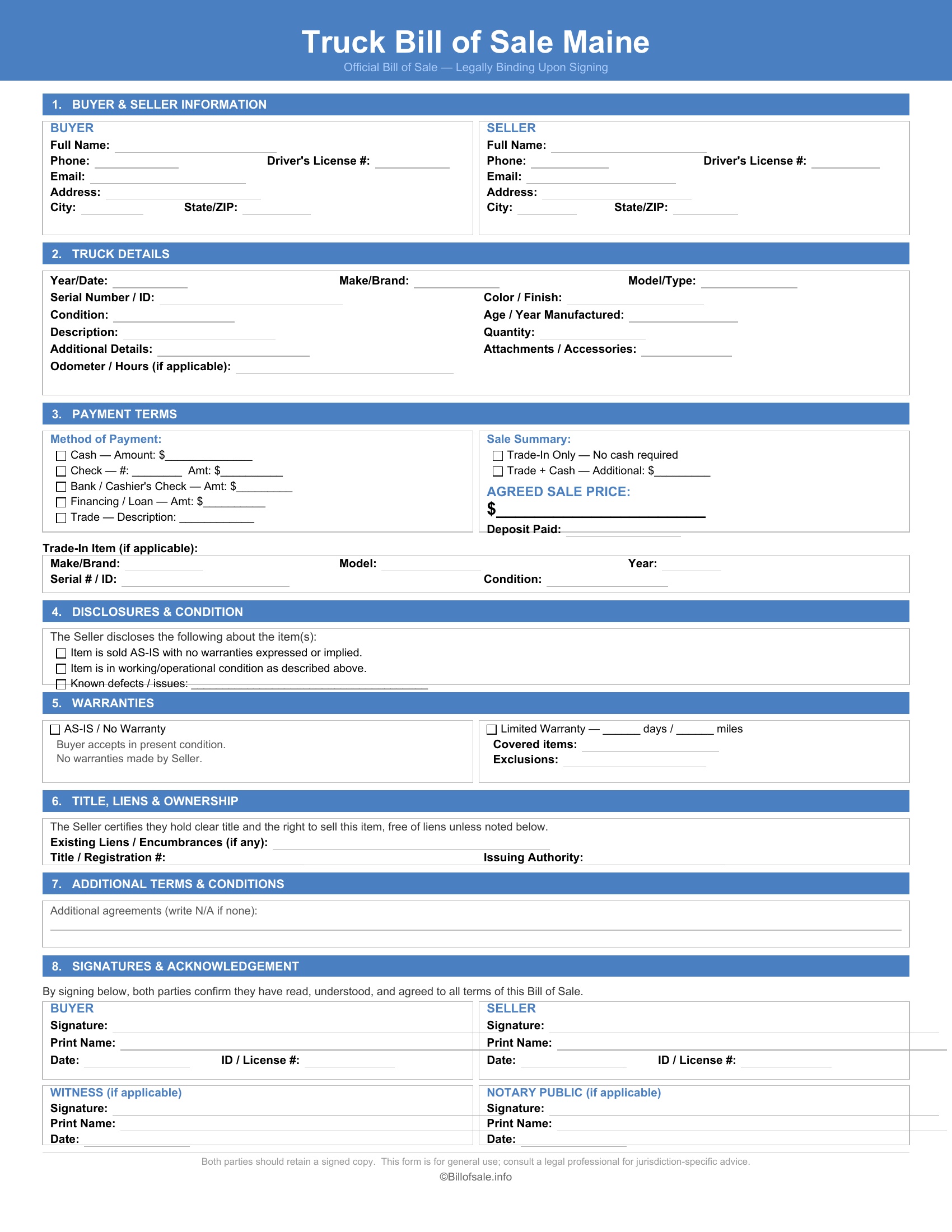 Maine Truck Bill of Sale