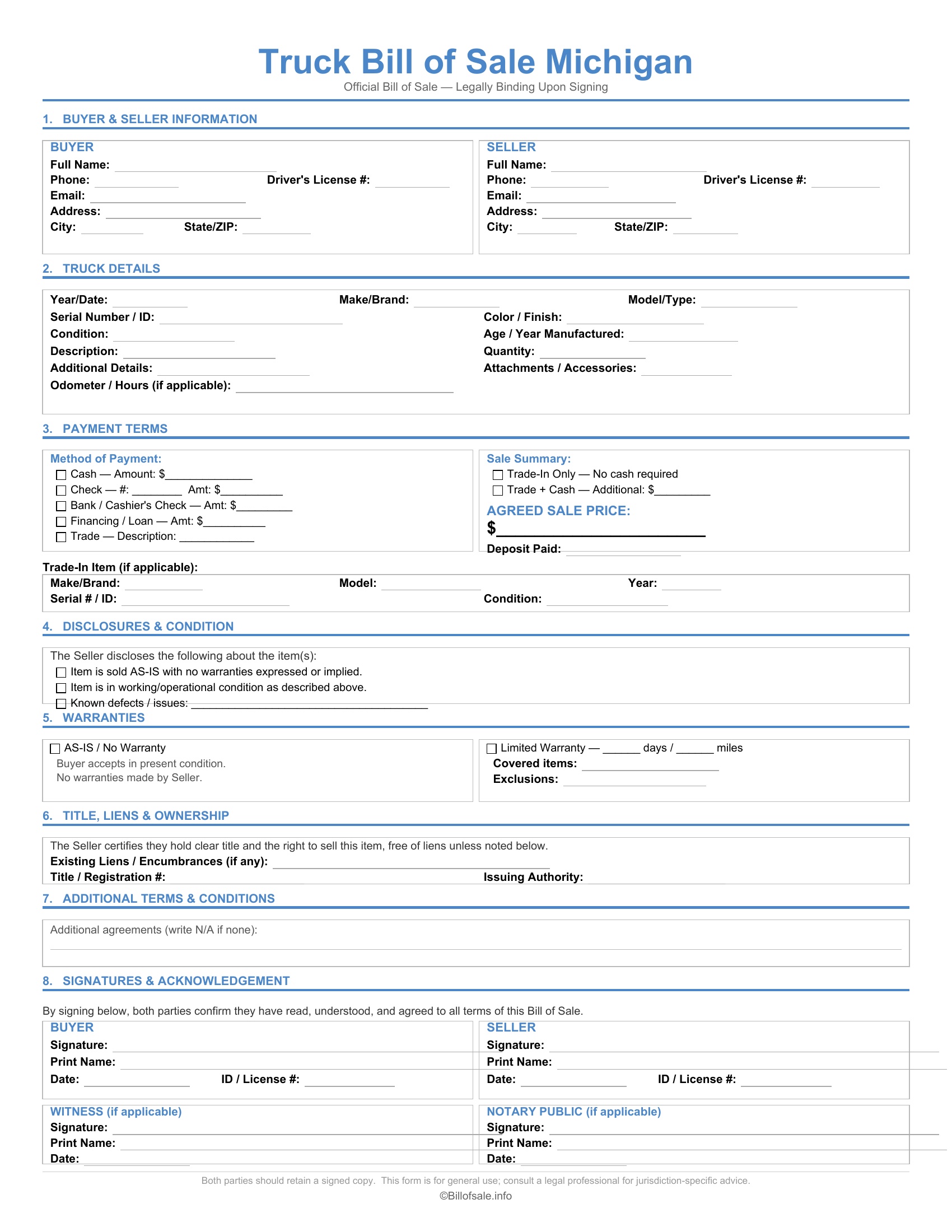 Michigan Truck Bill of Sale