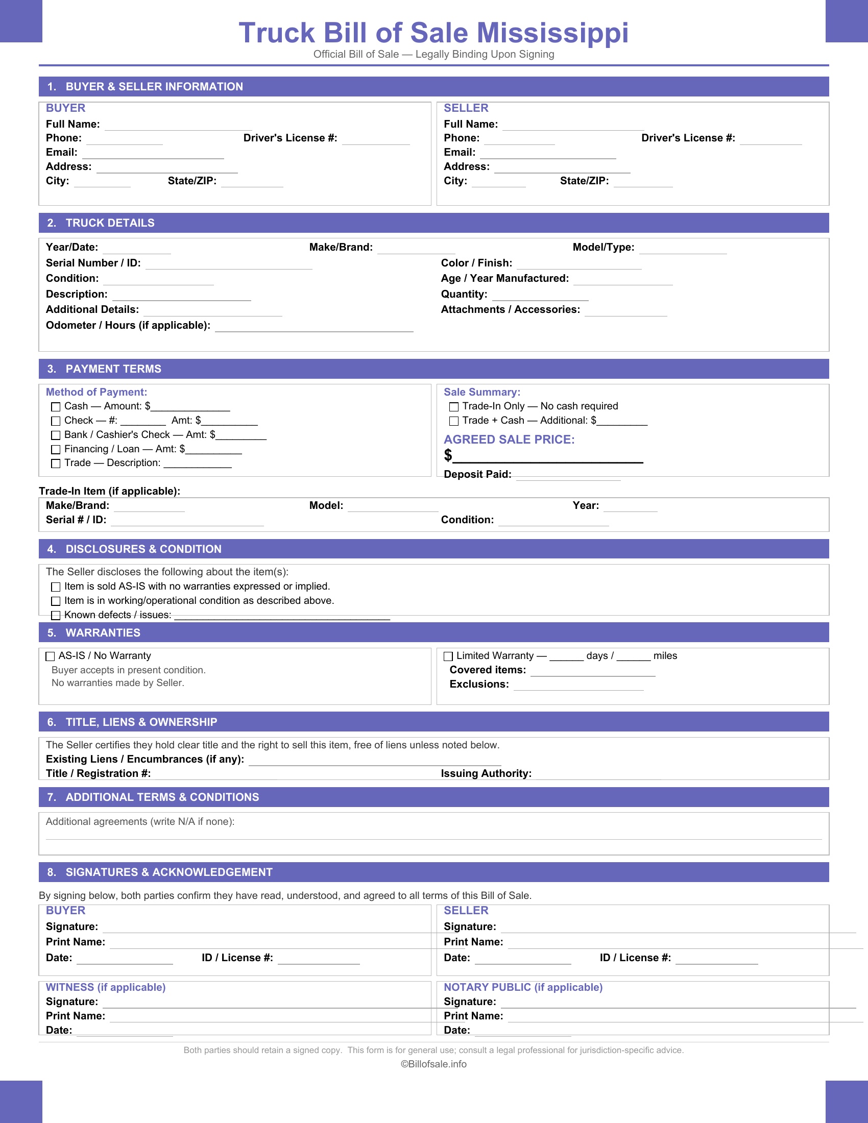 Mississippi Truck Bill of Sale