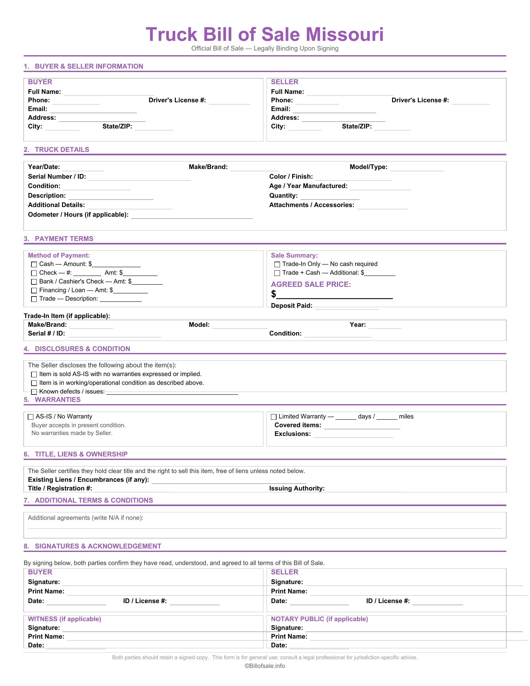 Missouri Truck Bill of Sale