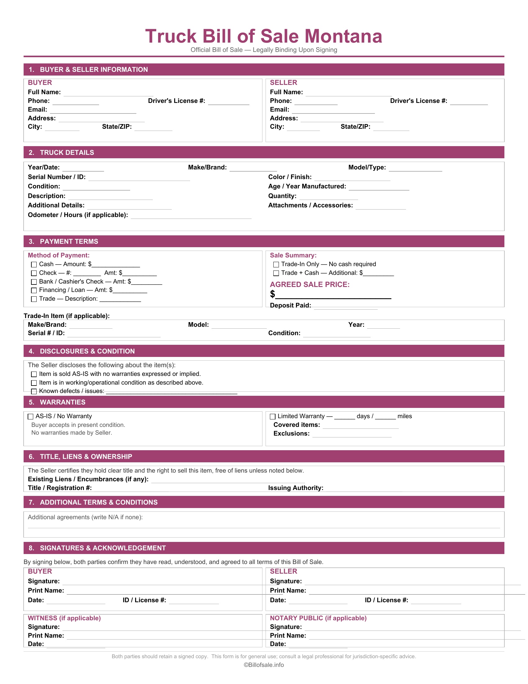 Montana Truck Bill of Sale