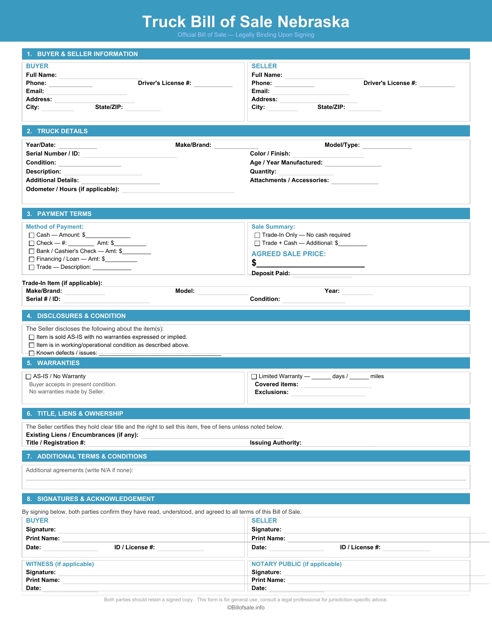 Nebraska Truck Bill of Sale