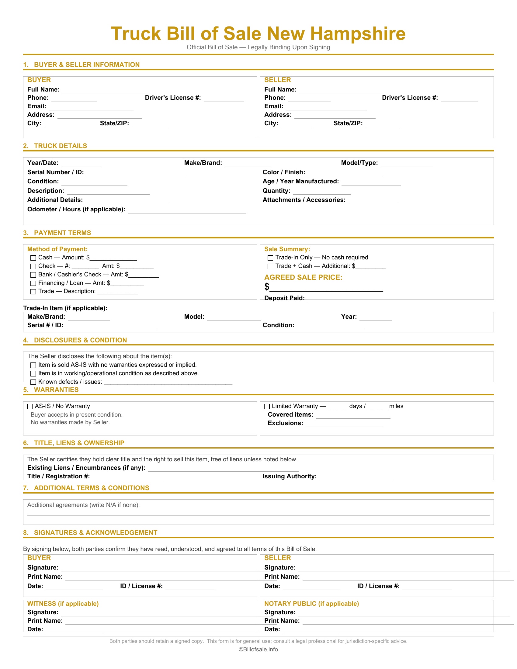 New Hampshire Truck Bill of Sale
