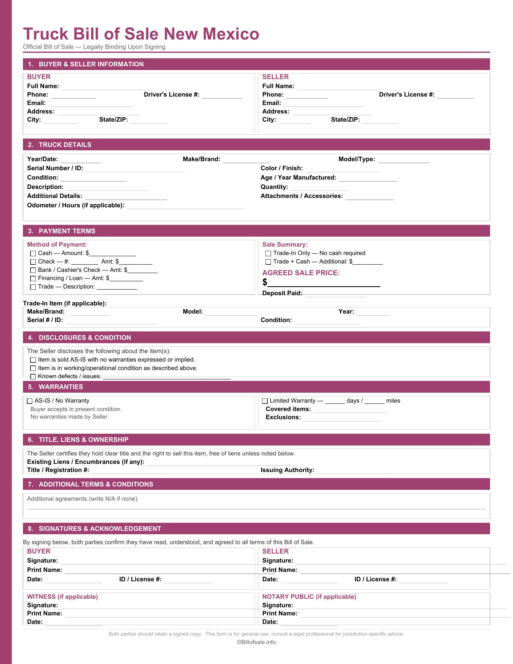 New Mexico Truck Bill of Sale