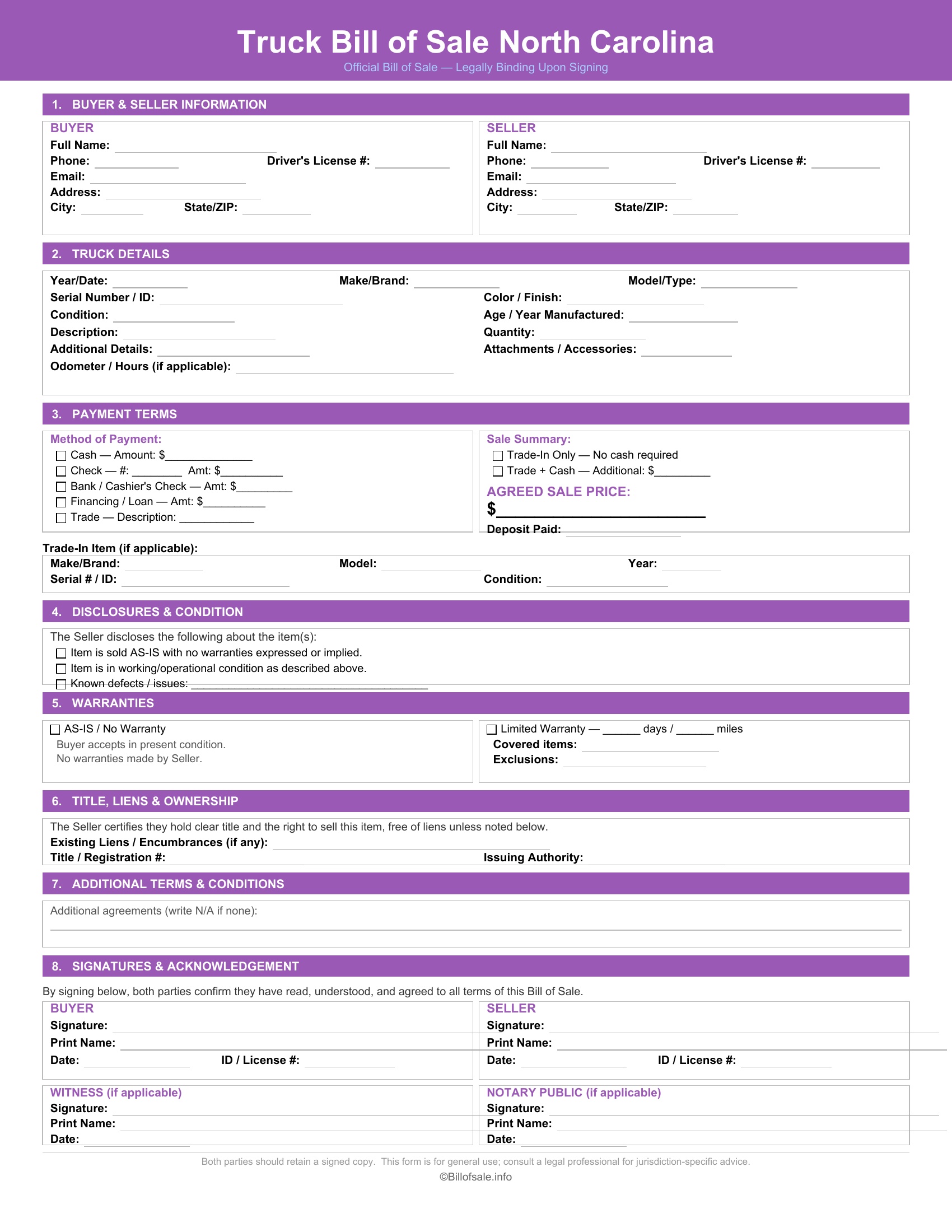 North Carolina Truck Bill of Sale