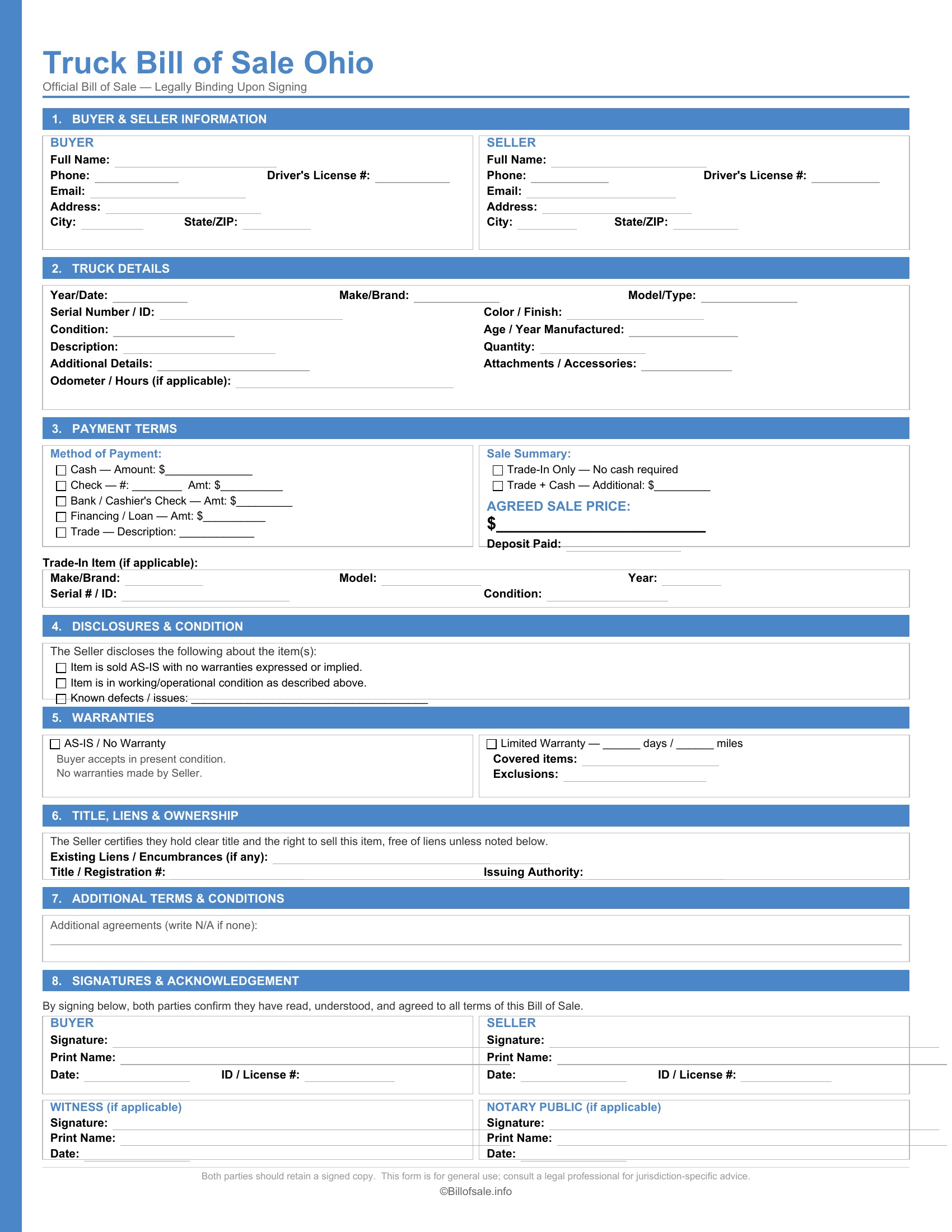 Ohio Truck Bill of Sale