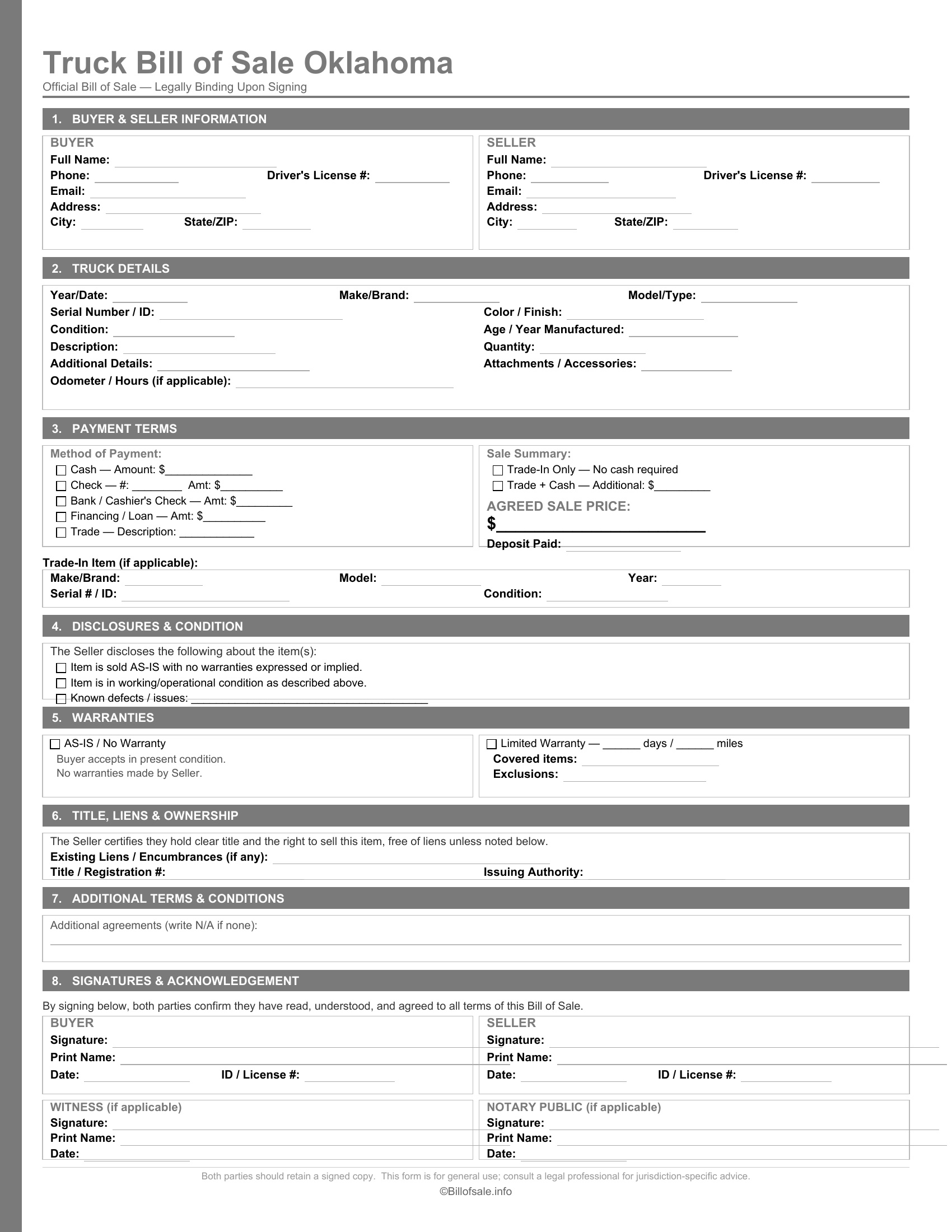Oklahoma Truck Bill of Sale