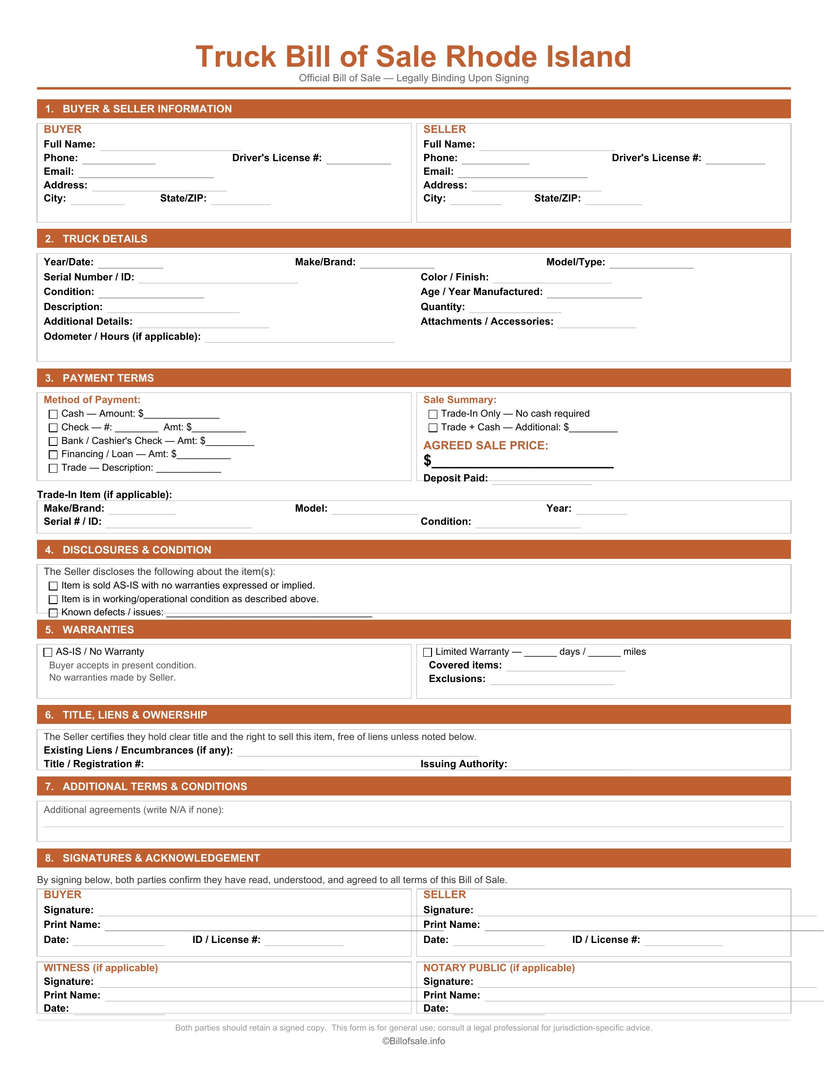 Rhode Island Truck Bill of Sale