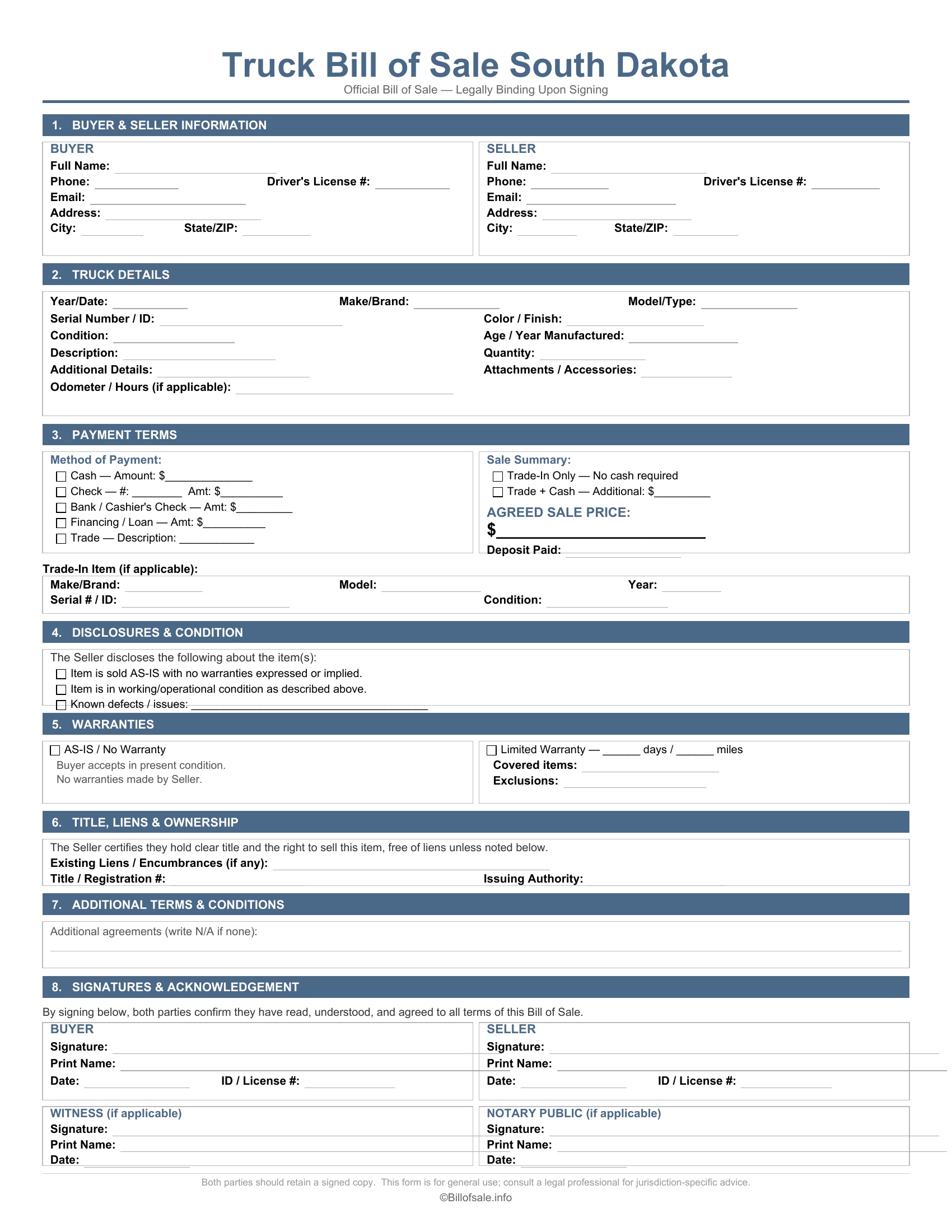 South Dakota Truck Bill of Sale