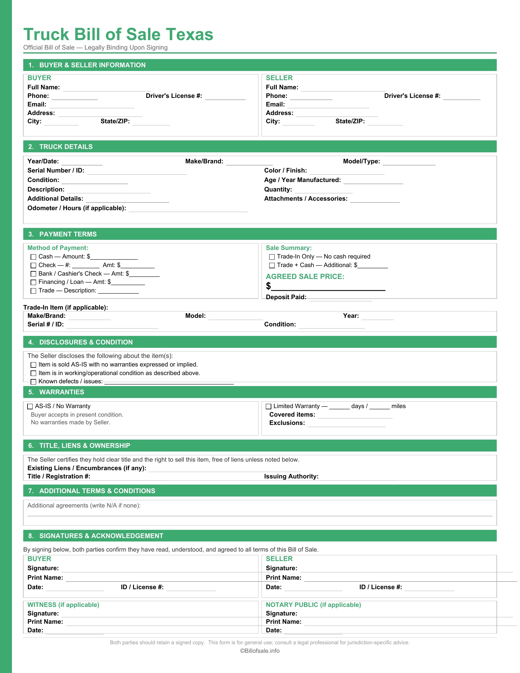 Texas Truck Bill of Sale